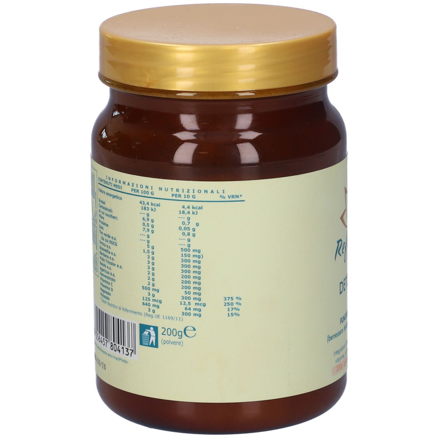 Retro del barattolo marrone con coperchio dorato. Etichetta con informazioni nutrizionali e del prodotto.