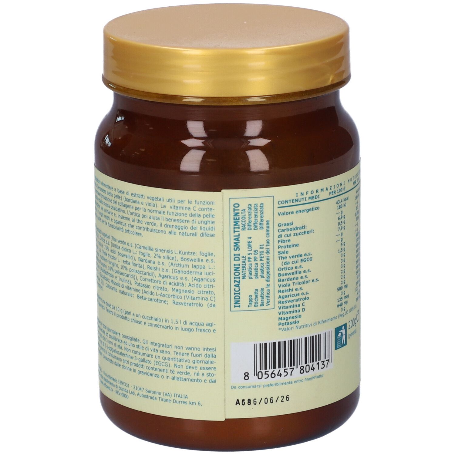 Retro del barattolo marrone con coperchio dorato. Etichetta con ingredienti, uso e logo.
