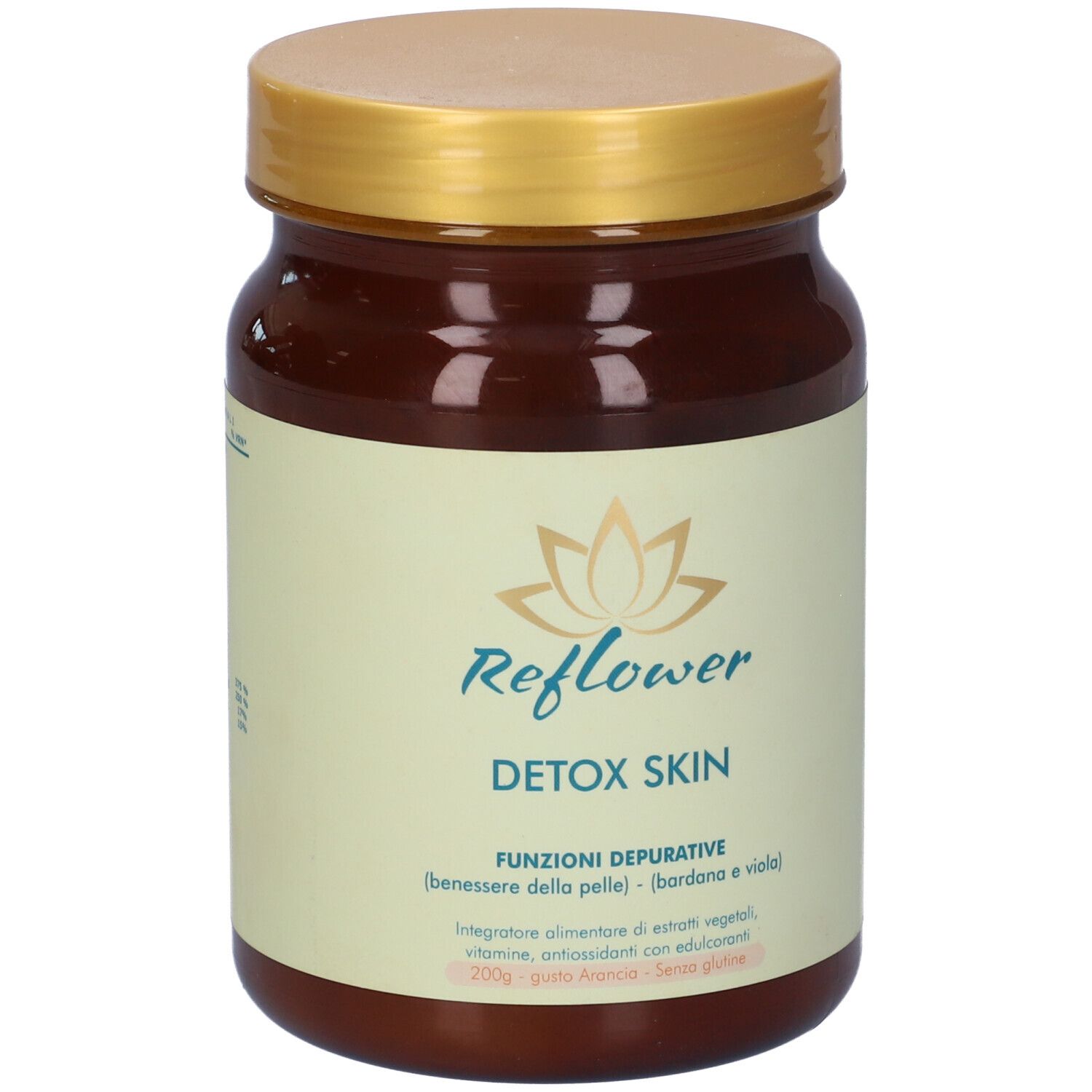 Barattolo marrone con coperchio dorato. Scritta: Reflower Detox Skin. Etichetta con informazioni sul prodotto e logo.
