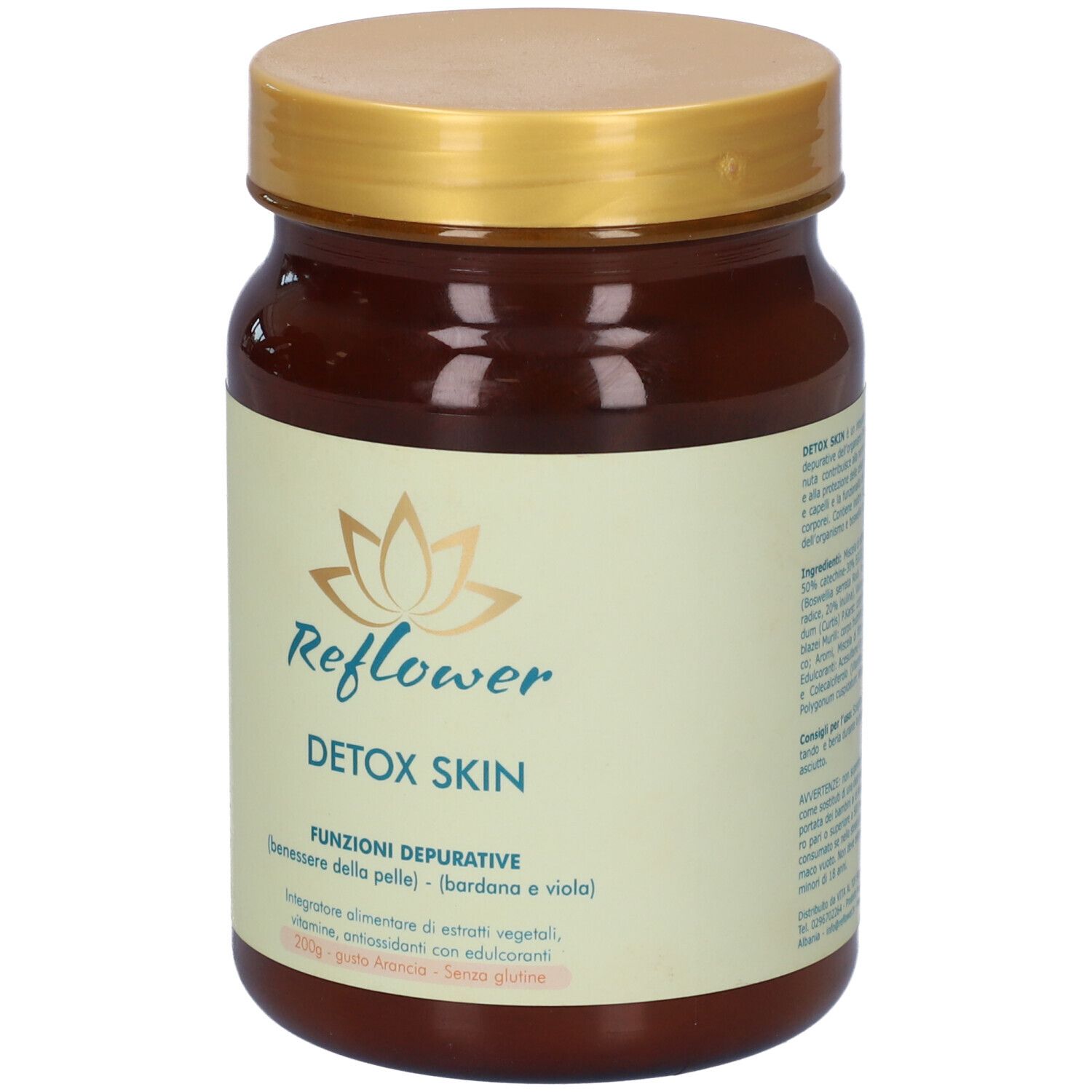 Barattolo marrone con coperchio dorato. Scritta: Reflower Detox Skin. Etichetta con informazioni sul prodotto e logo.