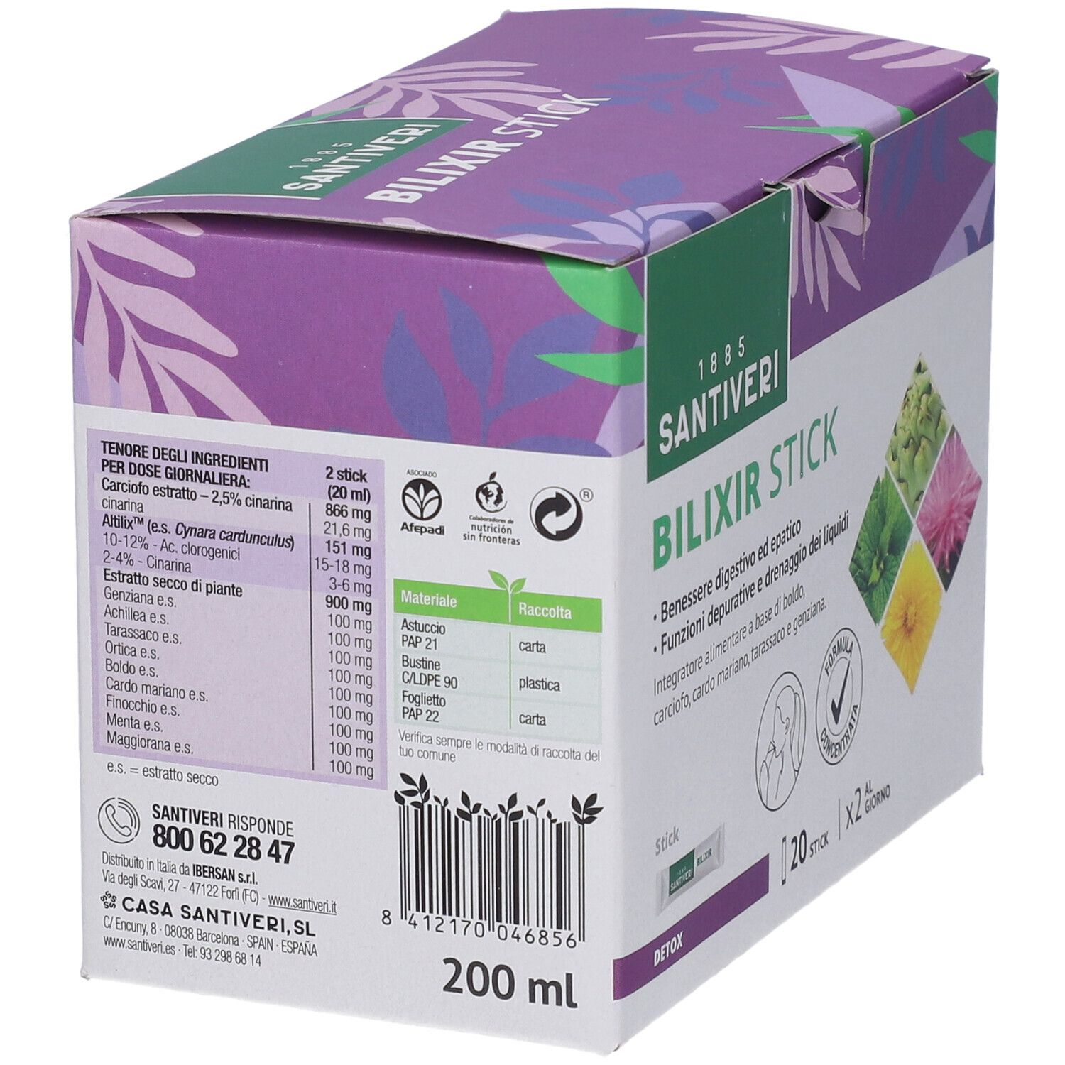 Retro scatola Santiveri Bilixir Stick. Ingredienti, logo riciclo, 200 ml.