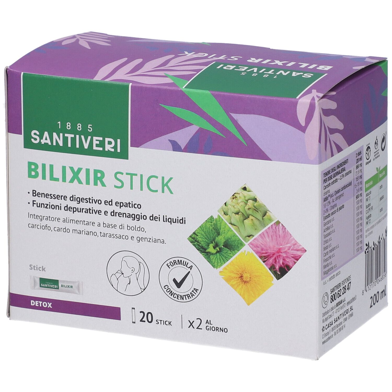 Scatola Santiveri Bilixir Stick. Scritto: Bilixir Stick, 20 stick, Detox. Illustrazioni di piante.