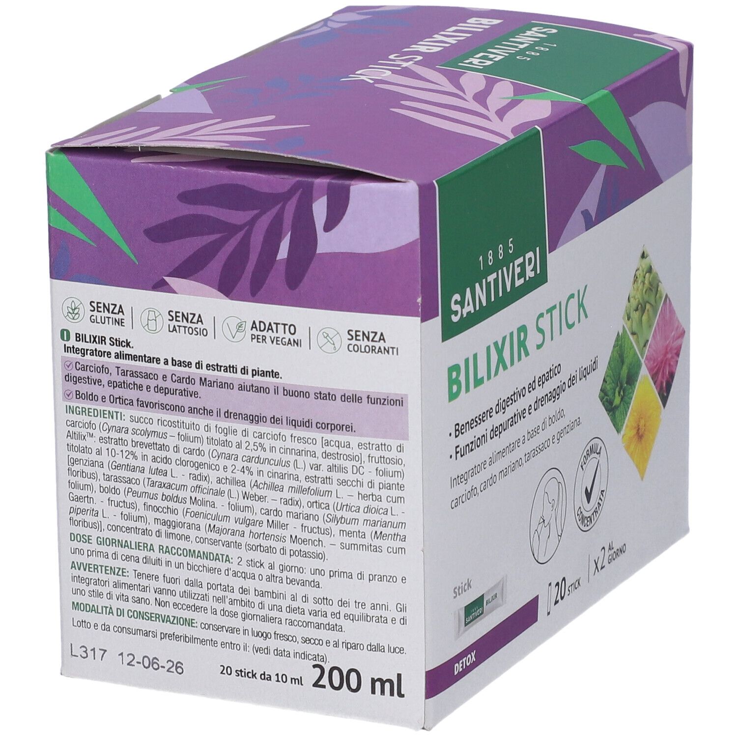 Scatola Santiveri Bilixir Stick. Scritto: Bilixir Stick, 20 stick, Detox. Senza glutine, lattosio, coloranti.