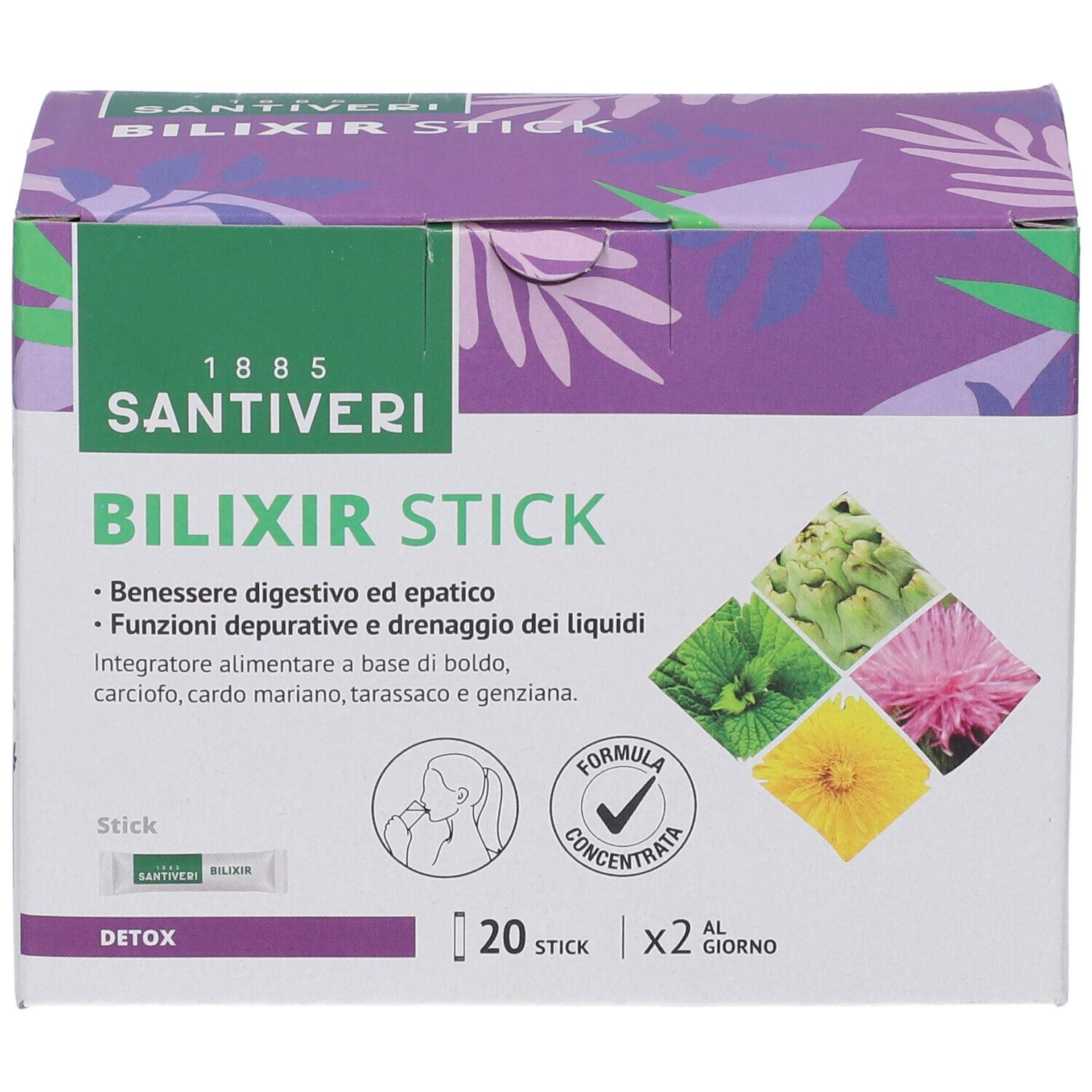 Scatola Santiveri Bilixir Stick. Scritto: Bilixir Stick, 20 stick, Detox. Illustrazioni di piante.