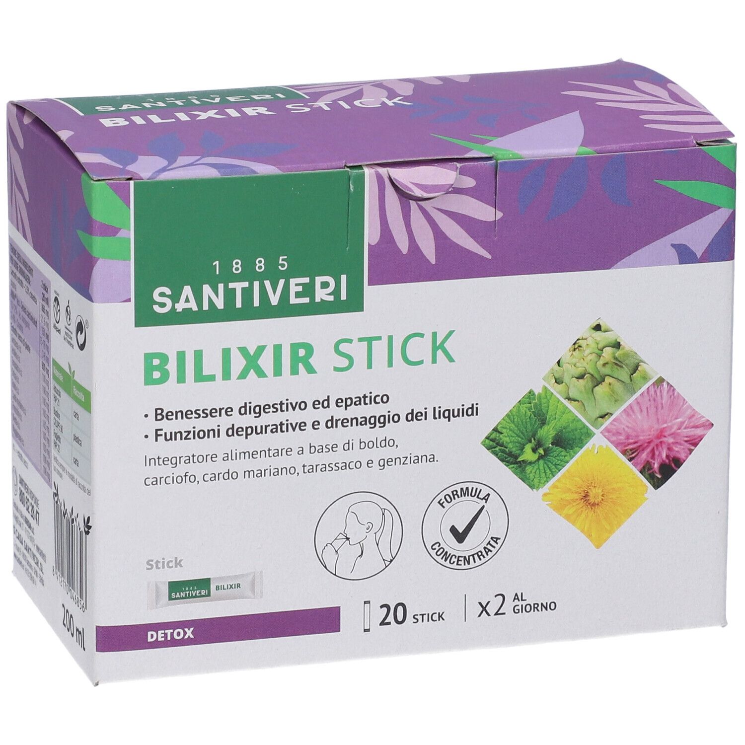 Scatola Santiveri Bilixir Stick. Scritto: Bilixir Stick, 20 stick, Detox. Illustrazioni di piante.