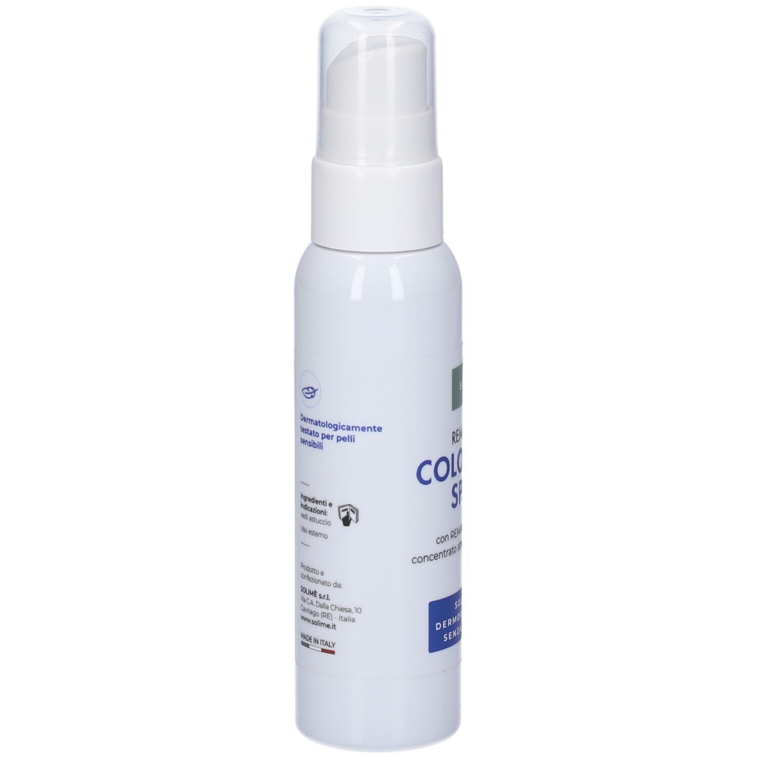 Spray bianco con erogatore. Scritta: REMARGIN COLOSTRUM SPRAY. Testo e loghi sul lato. Dermatologicamente testato.
