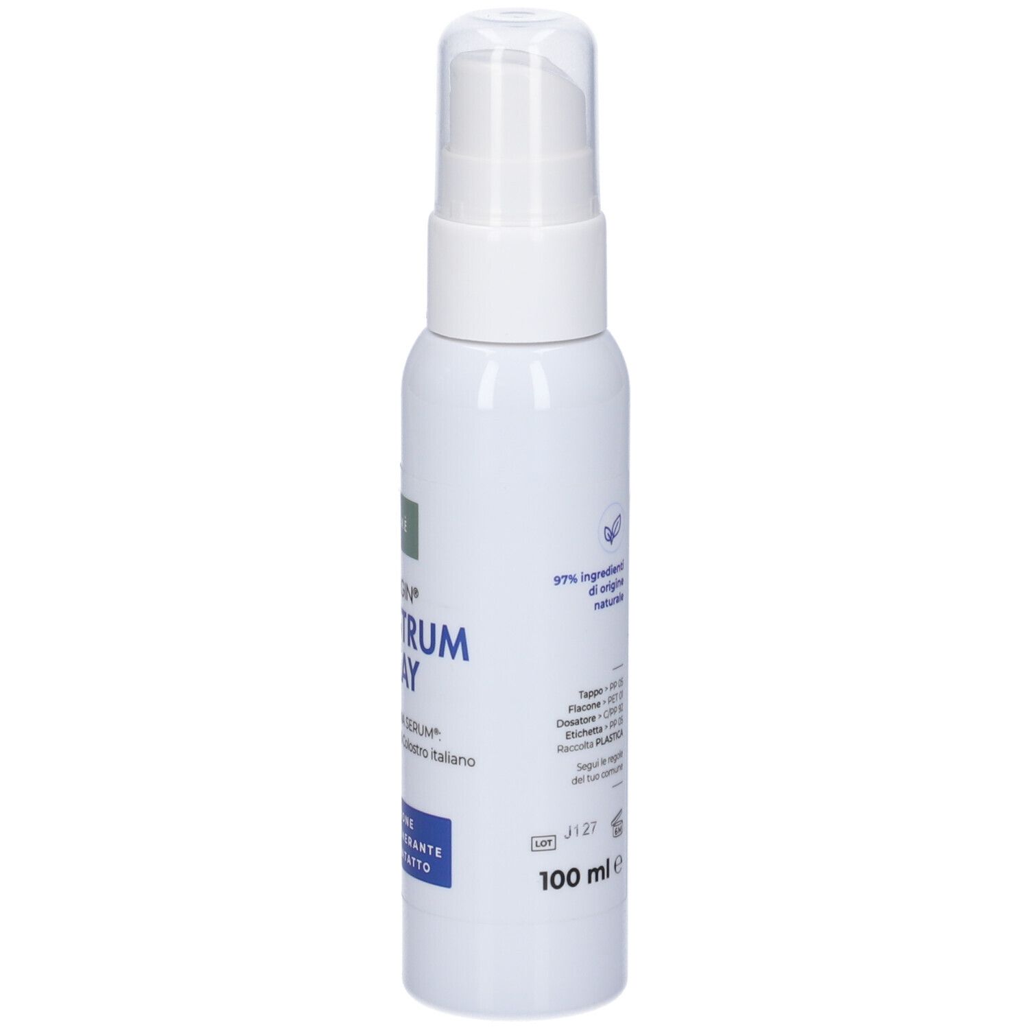 Spray bianco con erogatore. Scritta: REMARGIN COLOSTRUM SPRAY. Retro con testo e loghi. 100 ml.