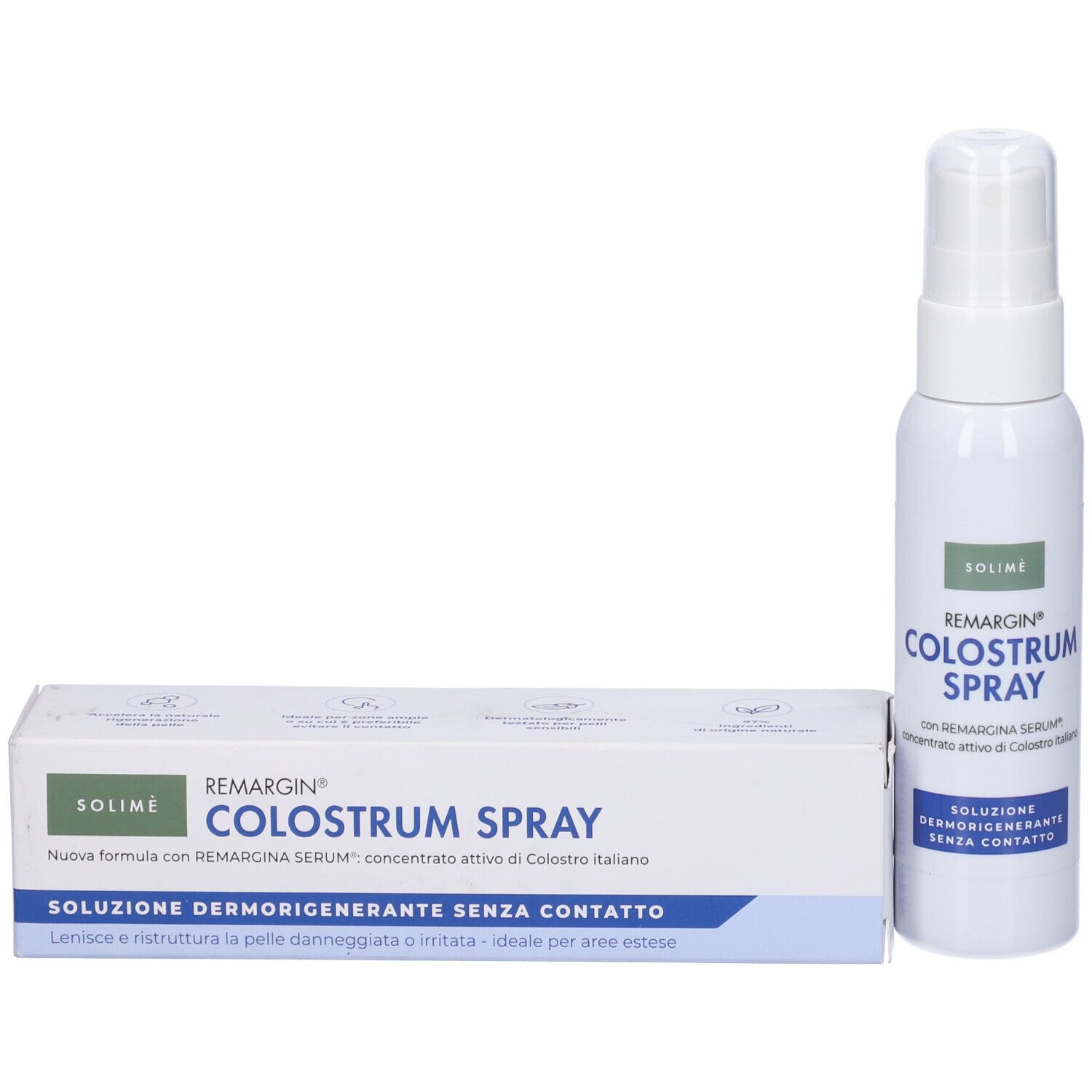 Confezione del prodotto e spray. Confezione: bianca con accenti blu e verdi. Scritta: REMARGIN COLOSTRUM SPRAY.