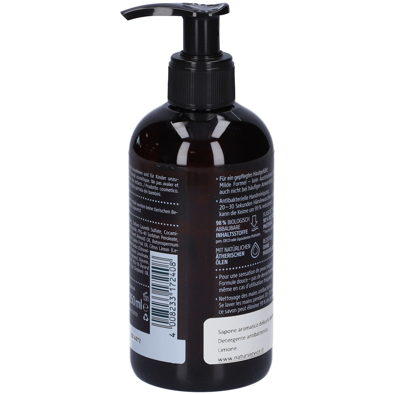 Retro del flacone marrone con dosatore nero. Etichetta bianca con testo e loghi. 98% biodegradabile. Testo: Sapone mani Limone.