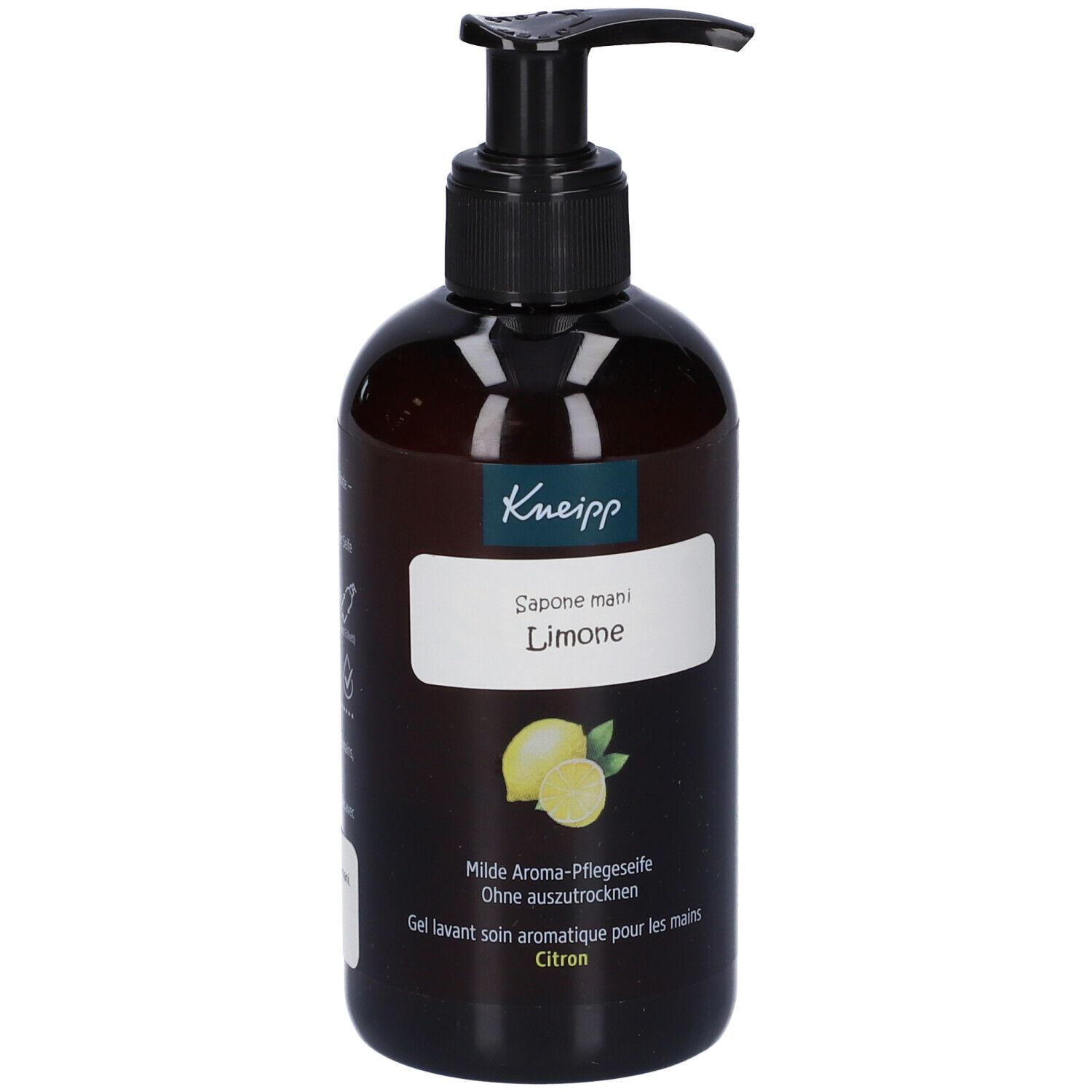 Flacone marrone con dosatore nero. Etichetta bianca con logo Kneipp, nome prodotto e illustrazione limoni. Testo: Sapone mani Limone.
