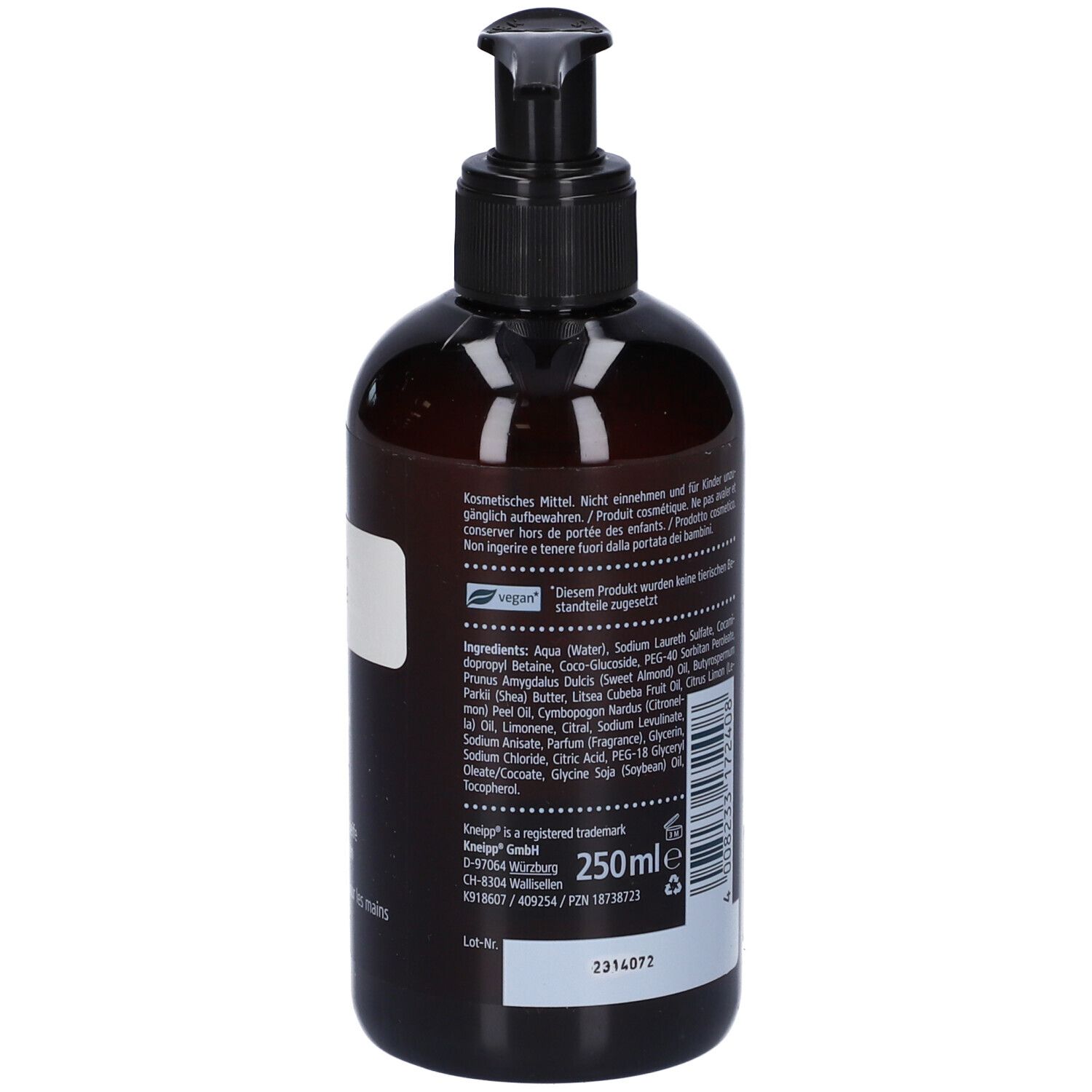 Flacone marrone con dosatore nero. Etichetta bianca con ingredienti e loghi. Logo vegano. Volume: 250ml. Testo: Sapone mani Limone.