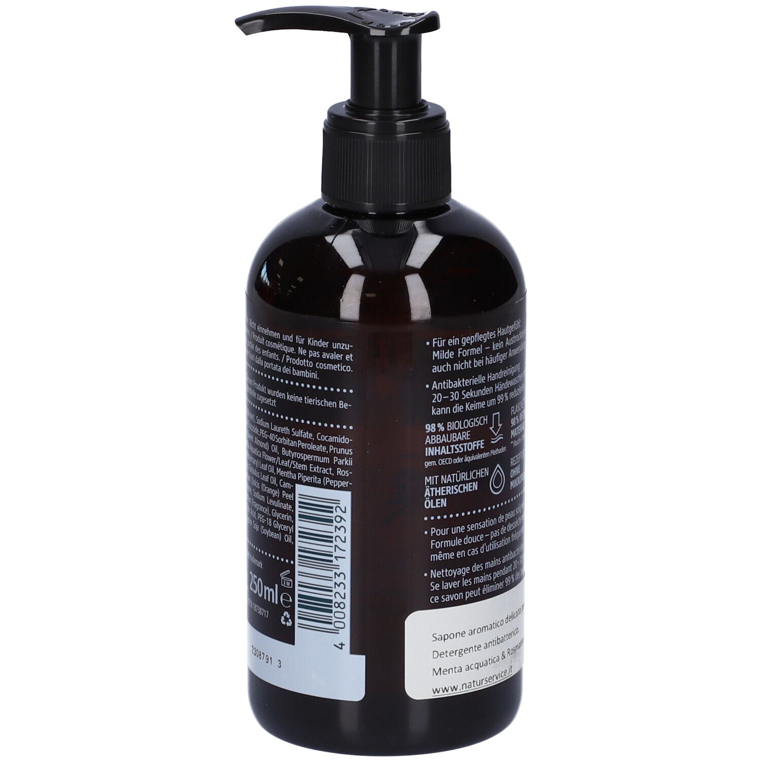 Flacone marrone con erogatore nero. Etichetta con testo. Sapone per le mani. 250ml.