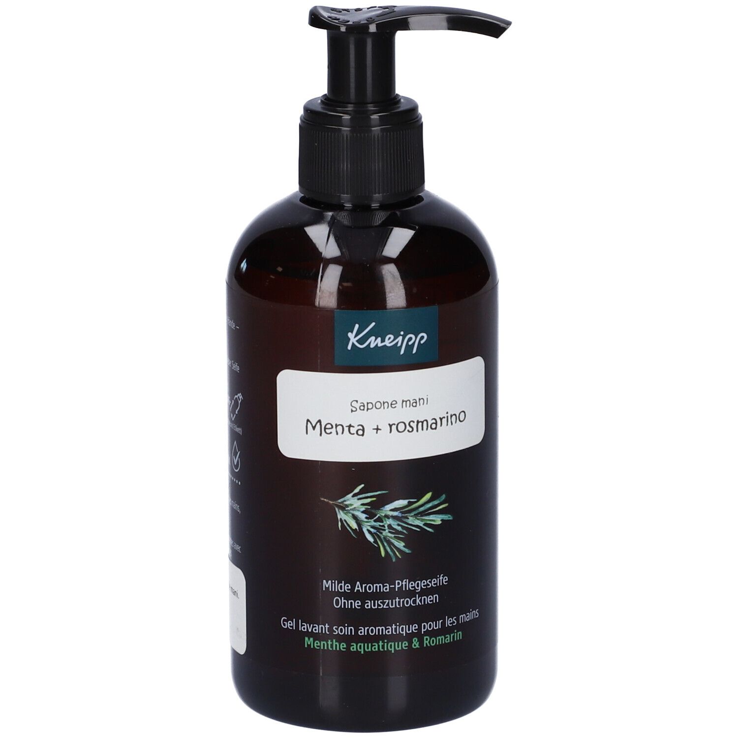 Flacone marrone con erogatore nero. Etichetta con logo Kneipp e nome prodotto: Menta + rosmarino. Sapone mani.