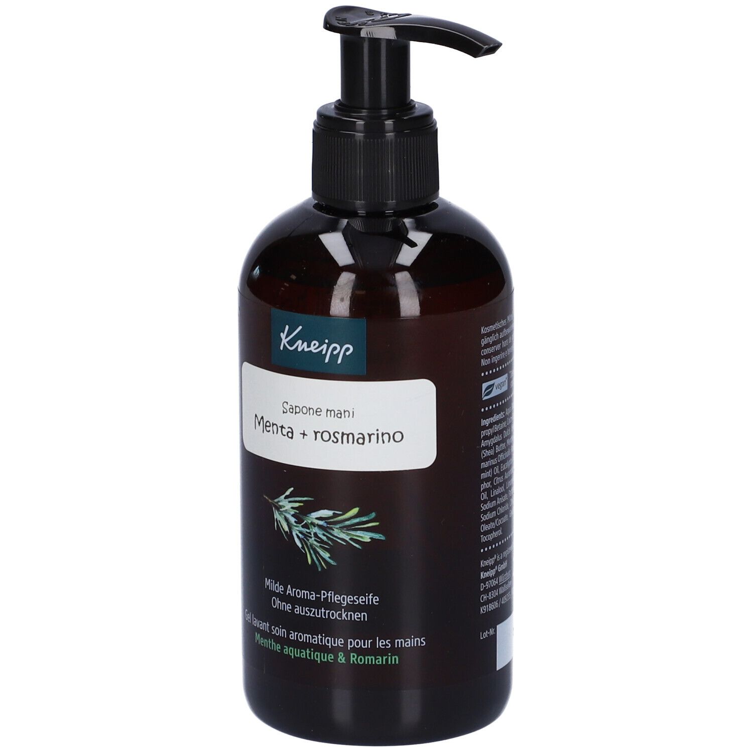 Flacone marrone con erogatore nero. Etichetta con logo Kneipp e nome prodotto: Menta + rosmarino. Sapone mani.
