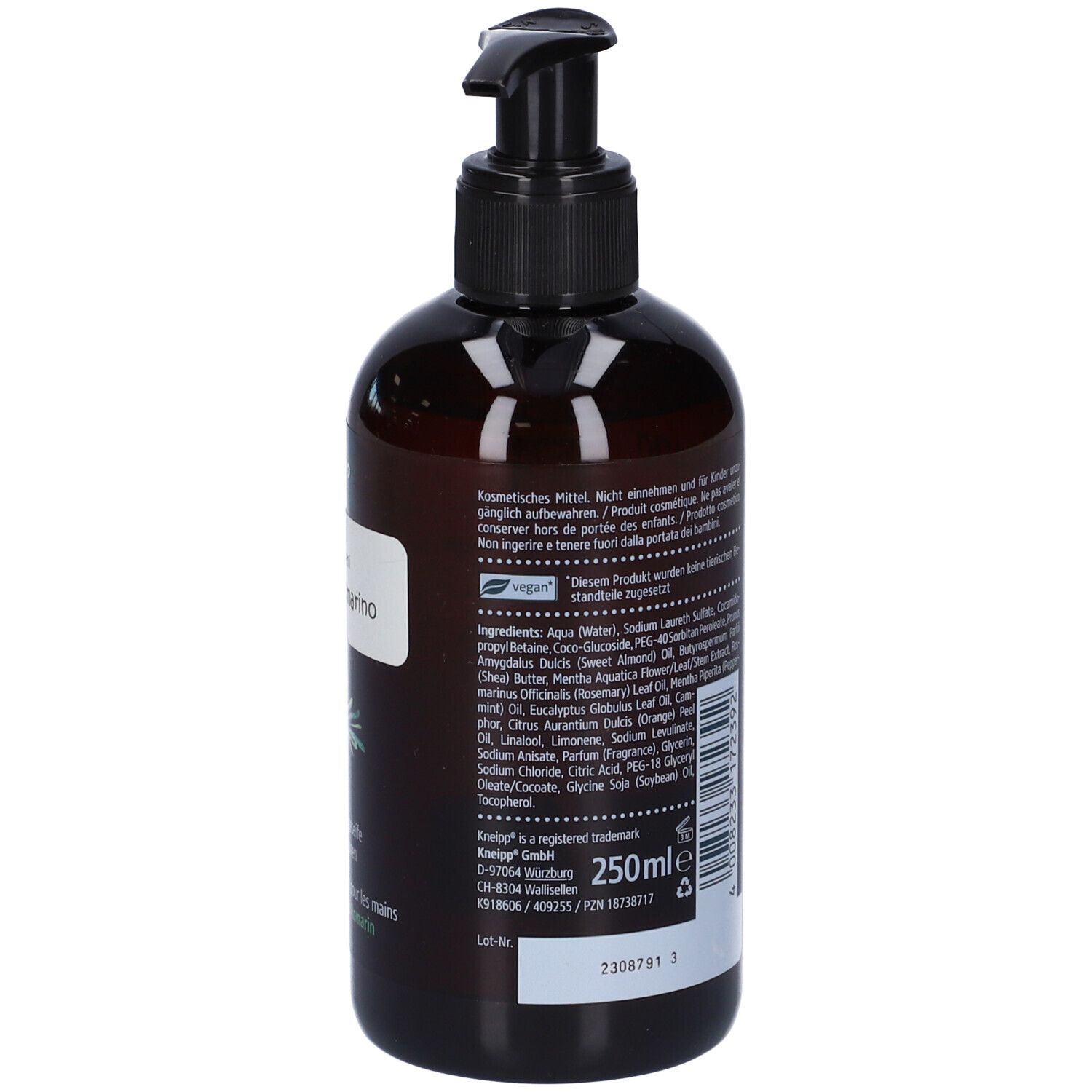 Flacone marrone con erogatore nero. Etichetta con testo e ingredienti. Sapone per le mani. 250ml.