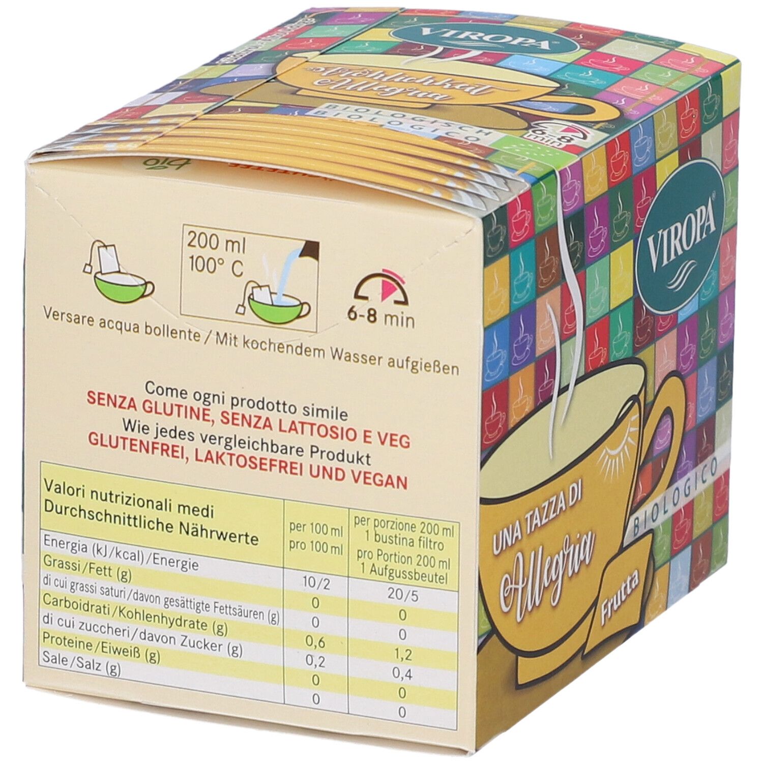 Retro della confezione di tè Viropa. Informazioni su preparazione, valori nutrizionali e ingredienti. Senza glutine, lattosio, vegano.