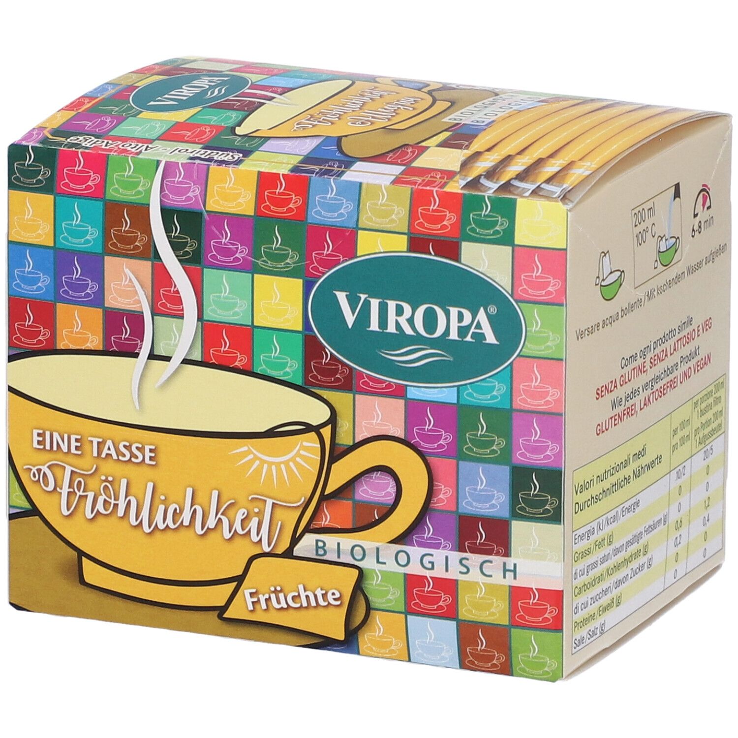 Confezione di tè alla frutta biologico Viropa. Tazza gialla con "Eine Tasse Fröhlichkeit". Sfondo a quadrati colorati. Sigillo bio.