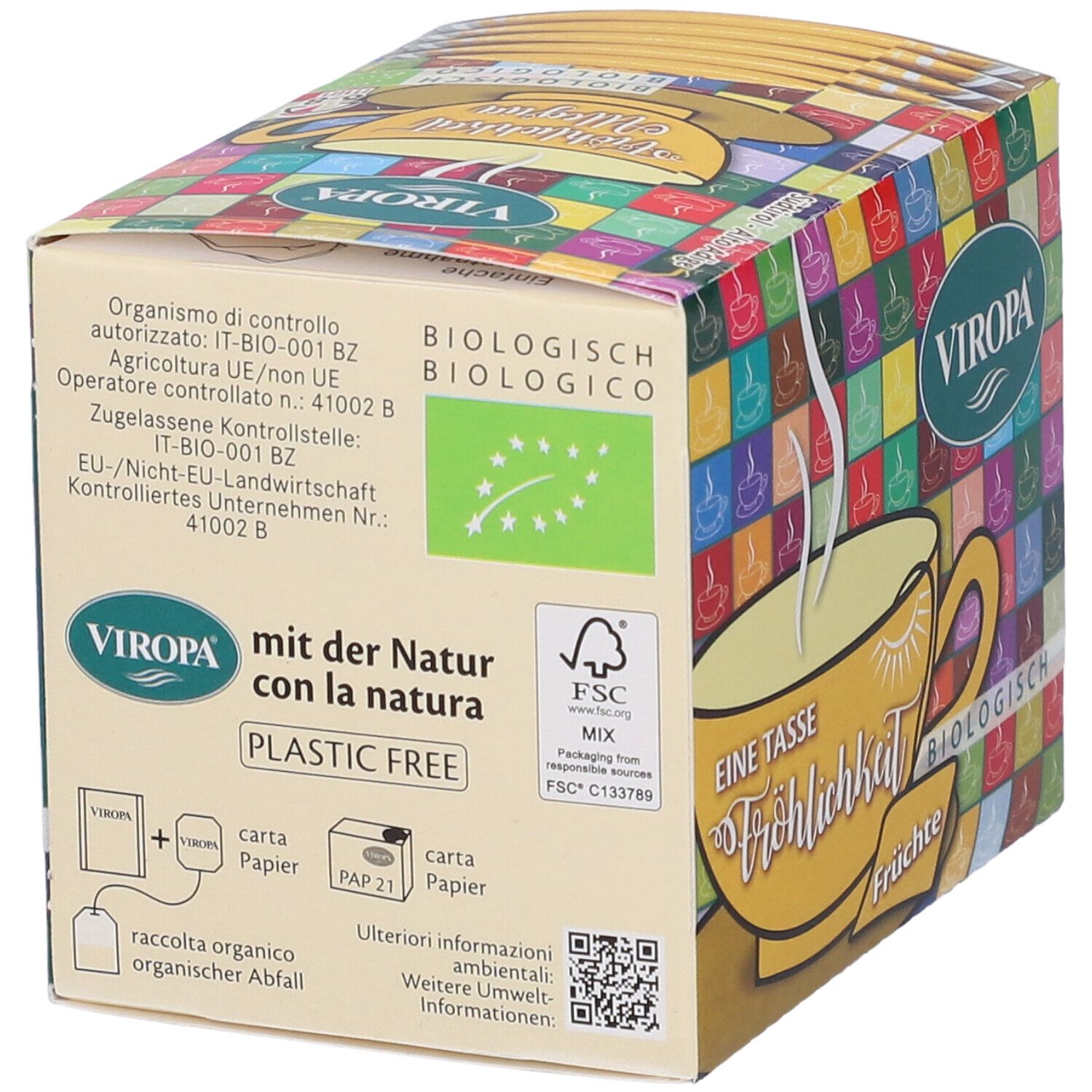 Confezione di tè Viropa con sigillo bio e certificazione FSC. Scritta "mit der Natur". Senza plastica.