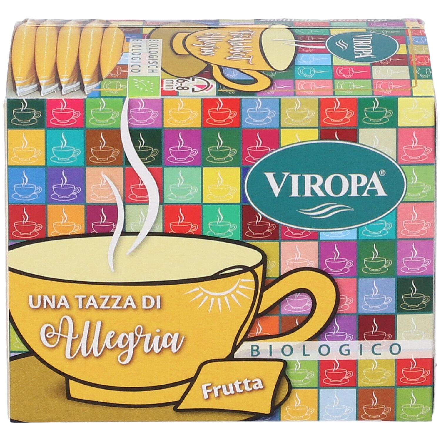 Confezione di tè alla frutta biologico Viropa. Tazza gialla con "Una Tazza Di Allegria". Sfondo a quadrati colorati. Sigillo bio.
