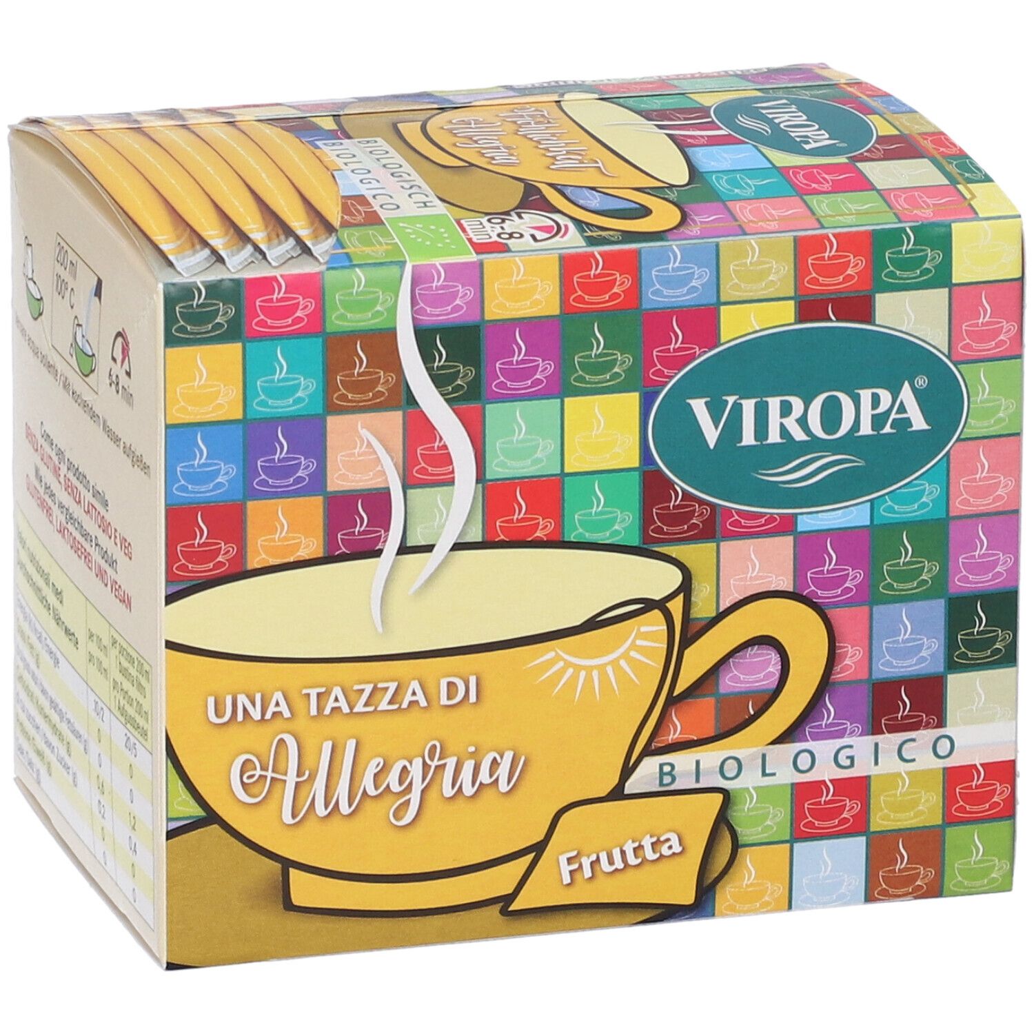 Confezione di tè alla frutta biologico Viropa. Tazza gialla con "Una Tazza Di Allegria". Sfondo a quadrati colorati. Sigillo bio.