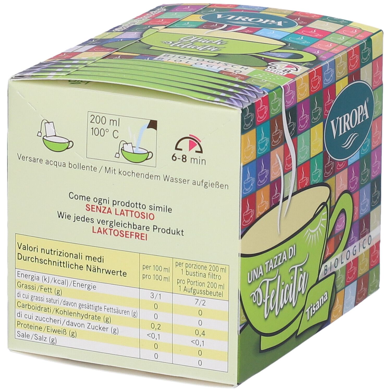 Retro della confezione di tè Viropa Bio. Contiene informazioni nutrizionali, istruzioni per la preparazione e il logo. Senza lattosio.