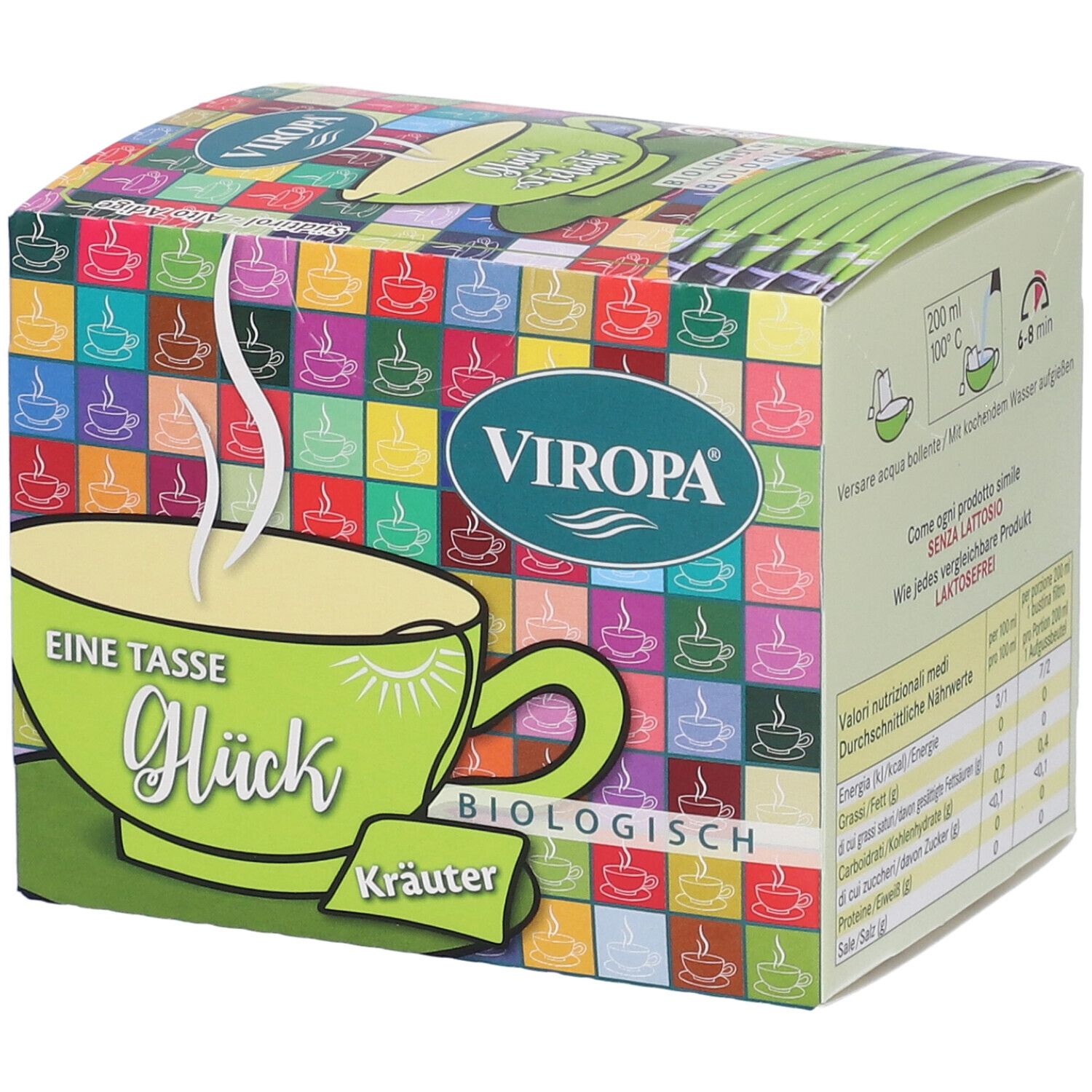 Confezione di tè Viropa Bio. Design verde e bianco con tazza, scritta "Eine Tasse Glück" e logo. Indicazione erbe.
