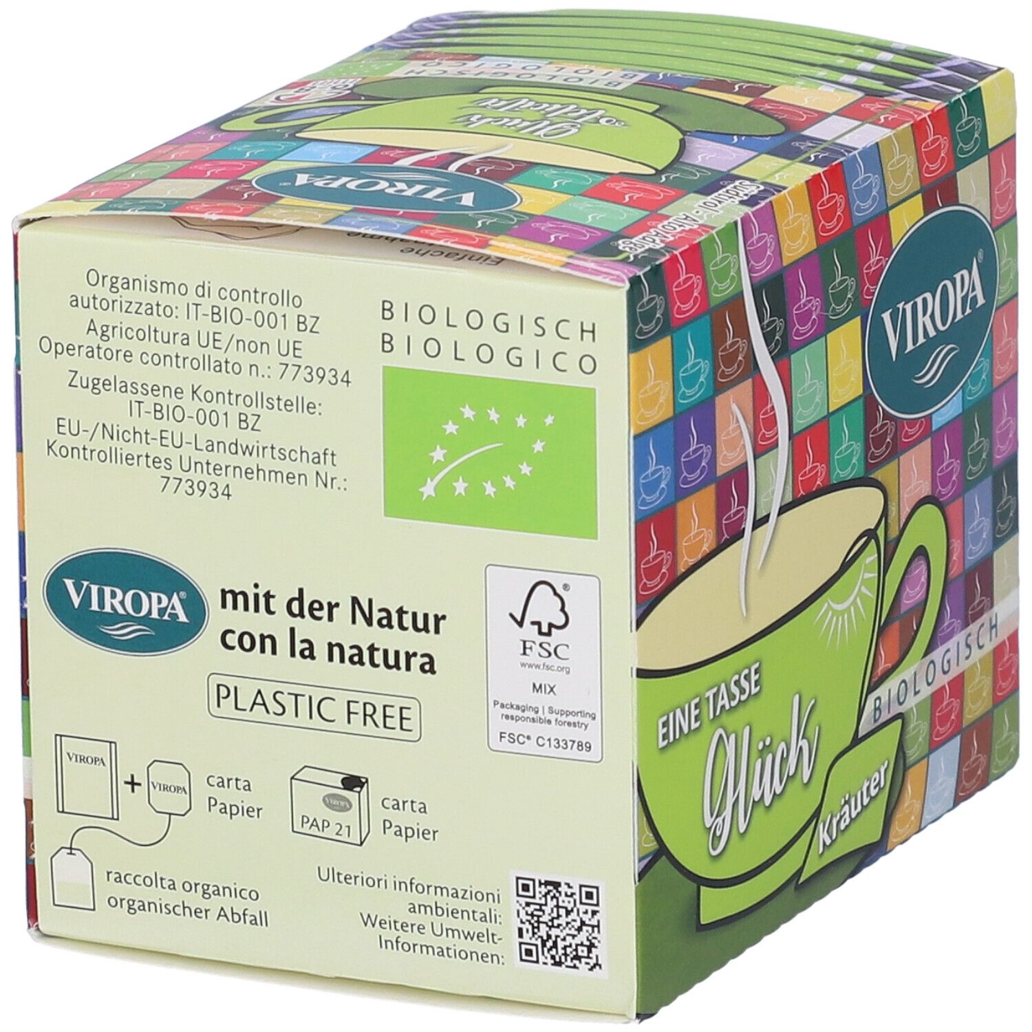 Lato della confezione di tè Viropa Bio. Con logo, sigillo bio, certificazione FSC e informazioni sullo smaltimento.