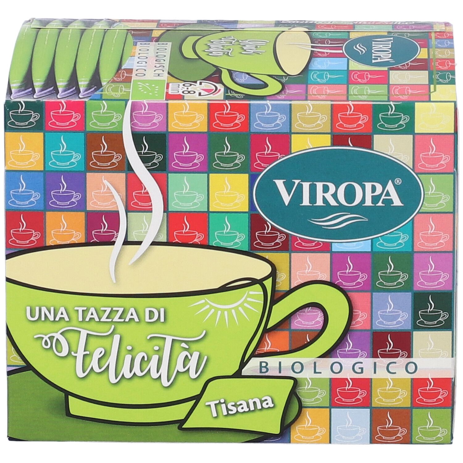 Confezione di tè Viropa Bio. Diversi sacchetti di tè visibili. Design verde e bianco con tazza e scritta "Una Tazza di Felicita'".
