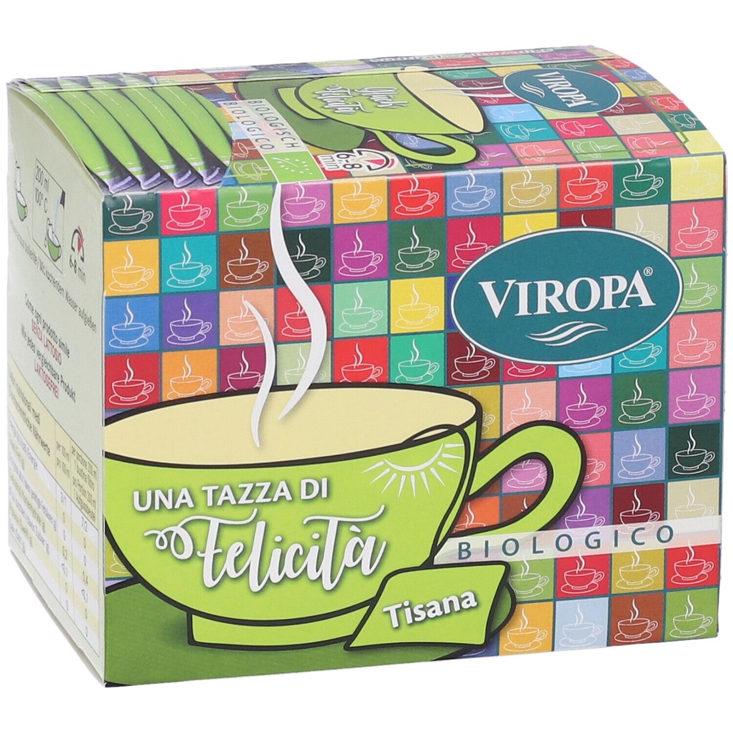 Confezione di tè Viropa Bio. Design verde e bianco con tazza, scritta "Una Tazza di Felicita'" e logo. Sigillo bio.