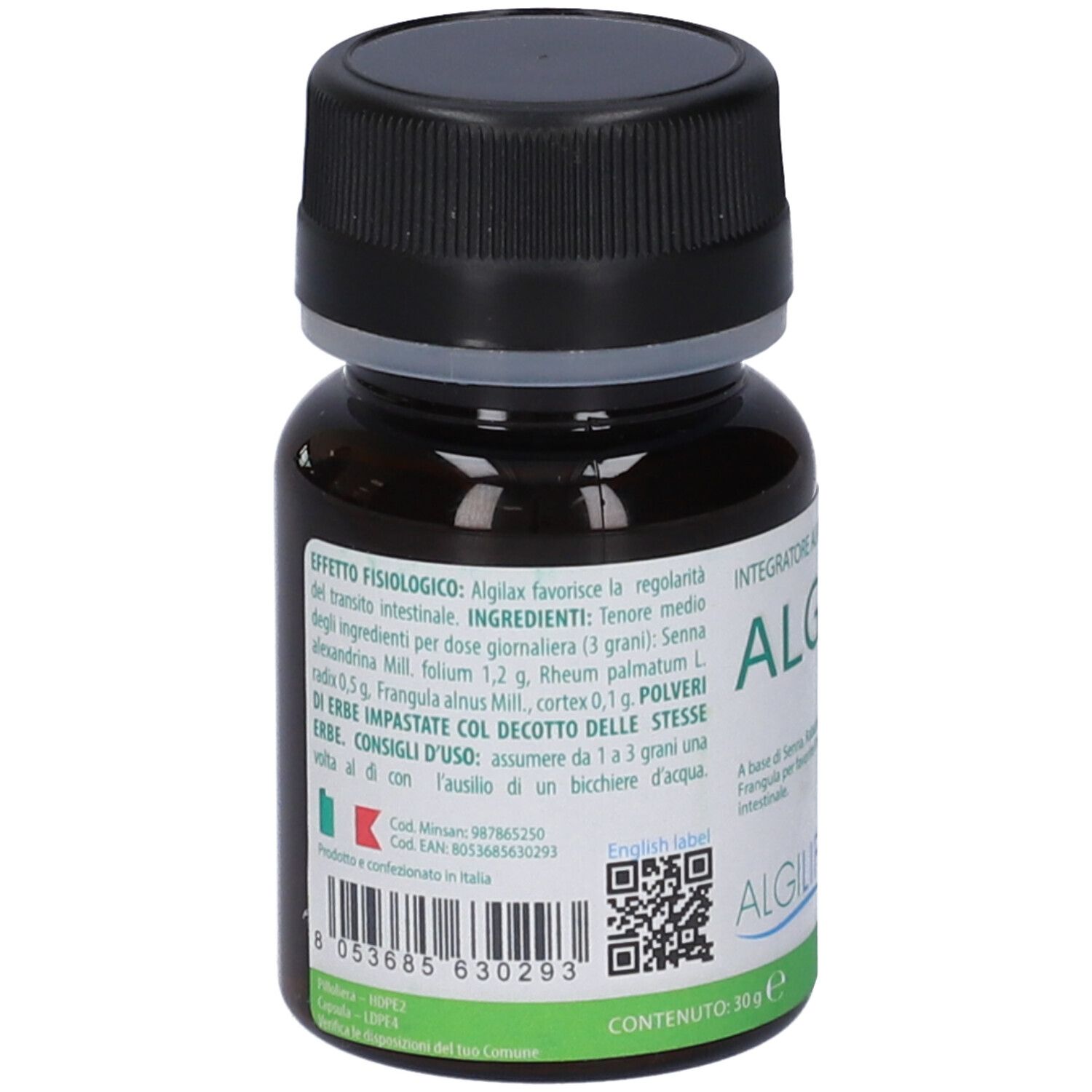 Flacone di vetro marrone con tappo nero. Etichetta con testo, ingredienti e codice a barre. Scritta ALGILAX.