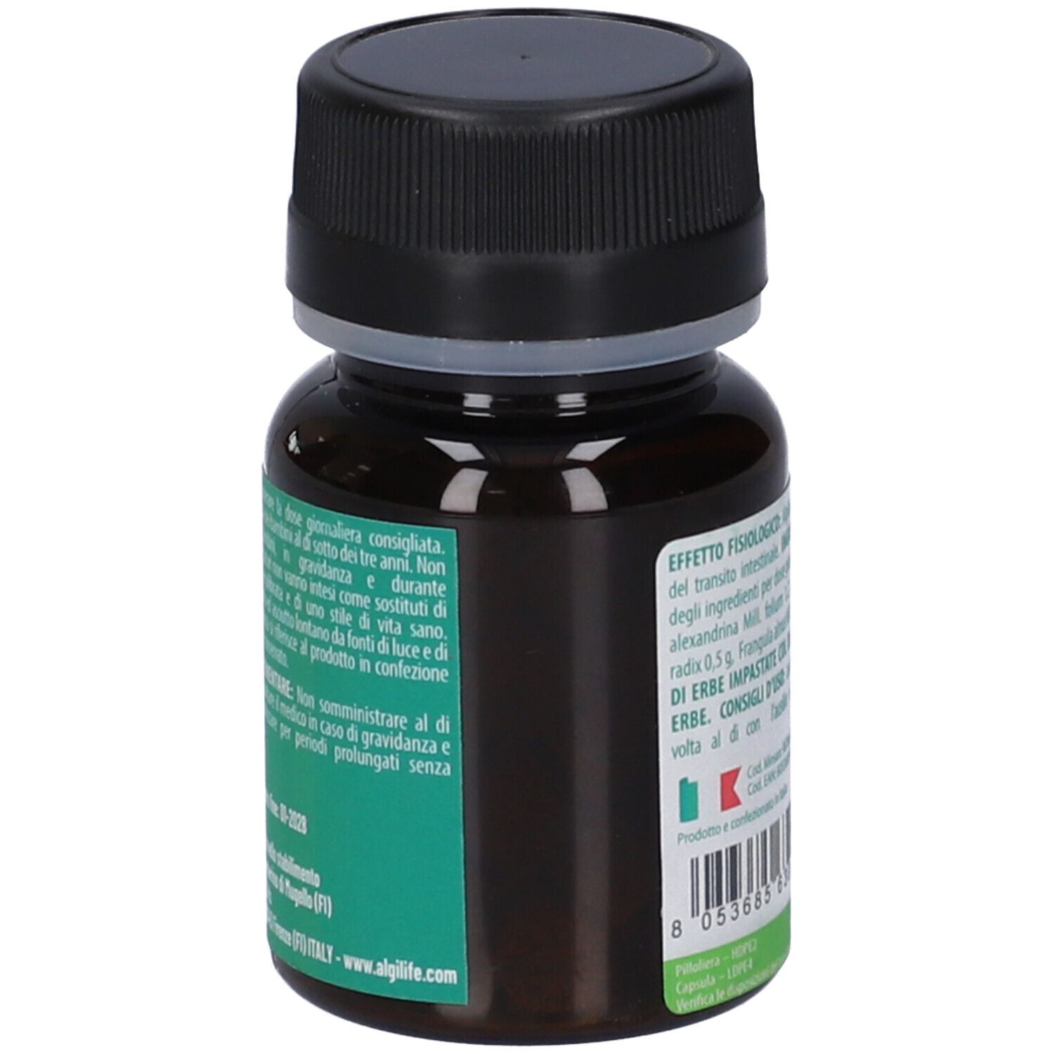 Flacone di vetro marrone con tappo nero. Etichetta verde con testo. Retro del flacone.