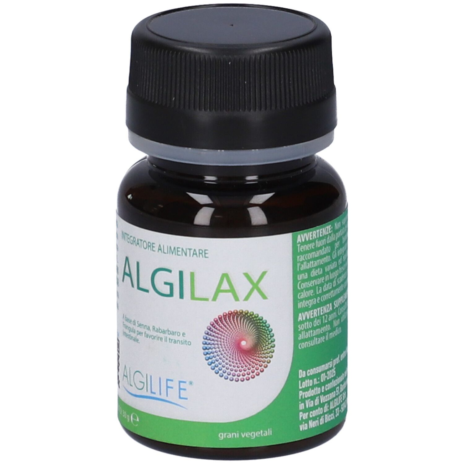 Flacone di vetro marrone con tappo nero. Scritta ALGILAX e ALGILIFE. Etichetta verde e bianca con testo.