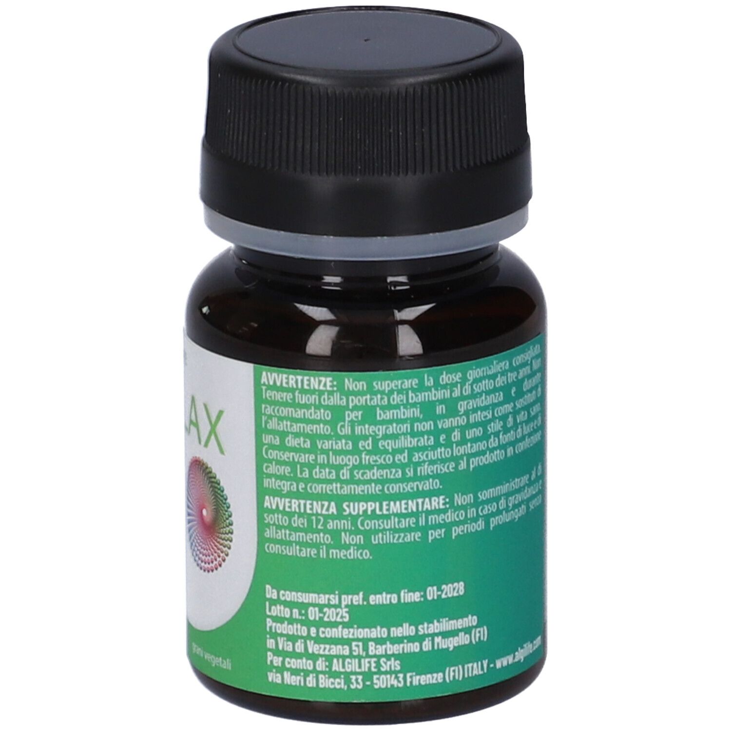 Flacone di vetro marrone con tappo nero. Etichetta verde e bianca con testo. Scritta ALGILAX e ALGILIFE.