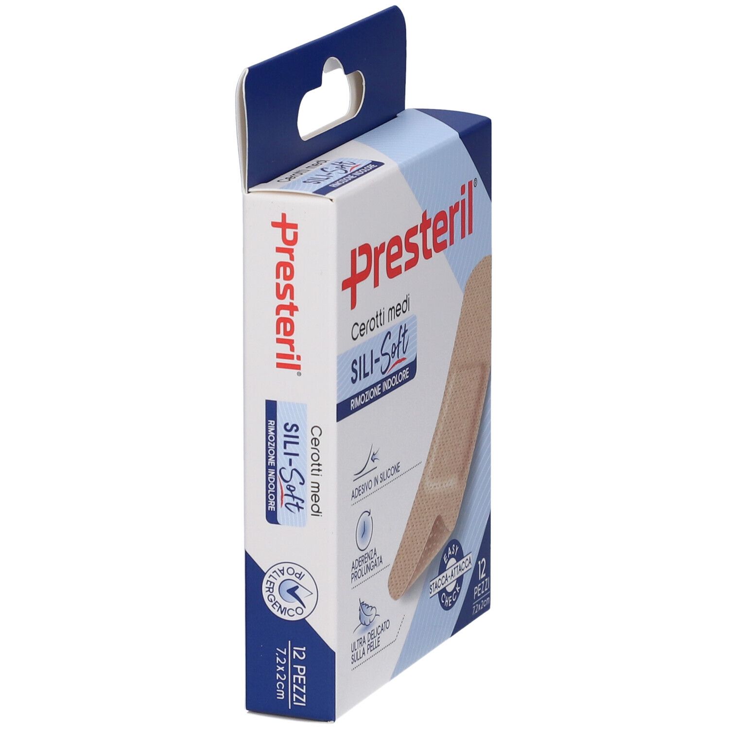Vista laterale della confezione Presteril Sili-Soft. 12 pezzi, 7,2x2 cm. Cerotto beige. Indicazioni adesione e silicone.