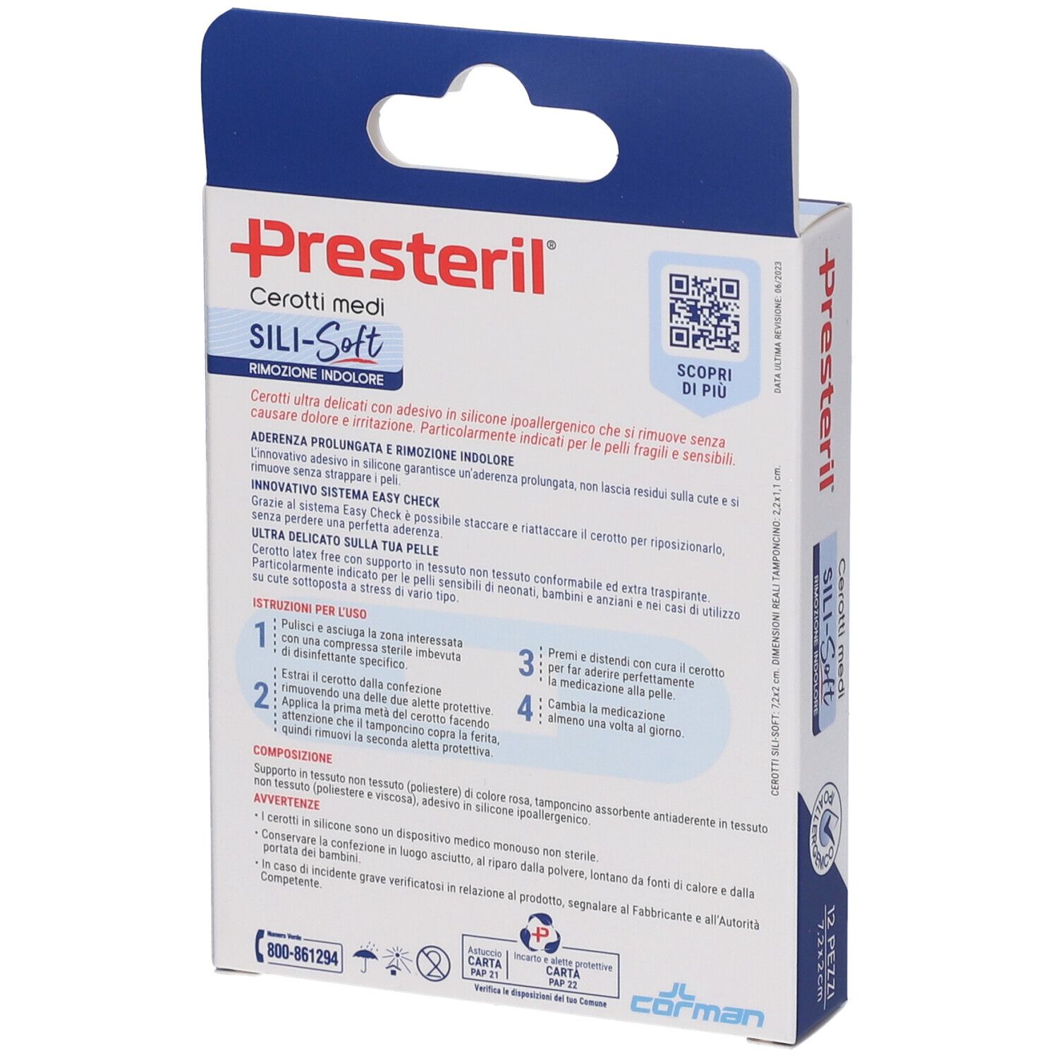 Retro della confezione Presteril Sili-Soft. Testo, istruzioni e codice QR. 12 pezzi, 7,2x2 cm. Informazioni sul prodotto.