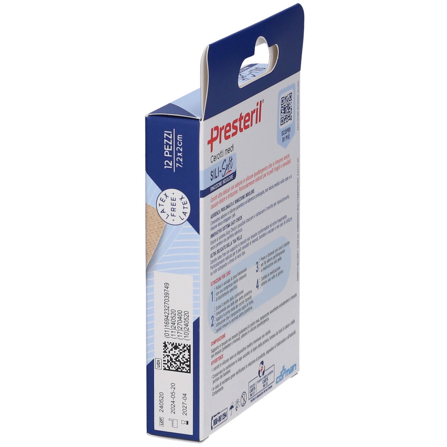 Vista laterale della confezione Presteril Sili-Soft. 12 pezzi, 7,2x2 cm. Testo, codice QR e data di scadenza. Senza lattice.