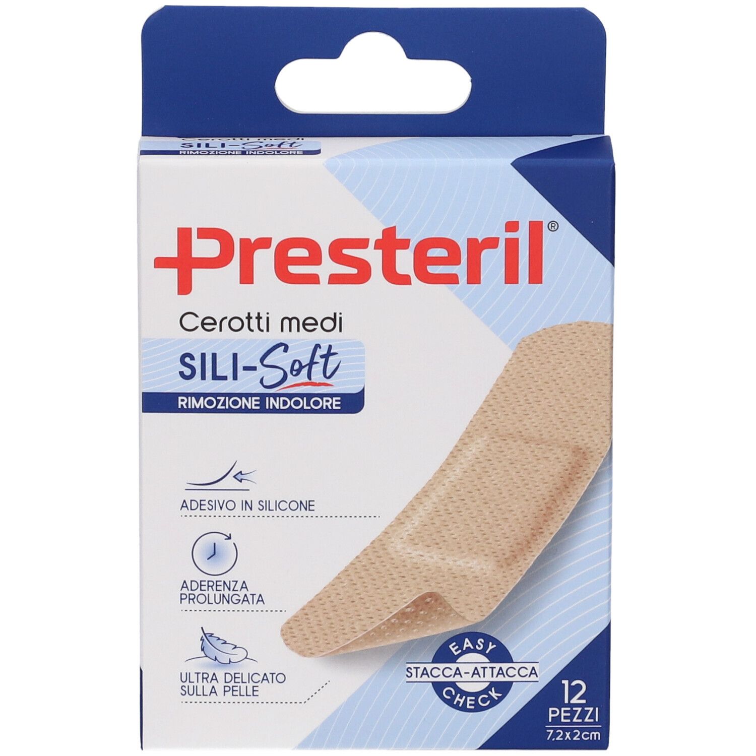 Confezione Presteril Sili-Soft. 12 pezzi, 7,2x2 cm. Cerotto beige. Indicazioni adesione e silicone.