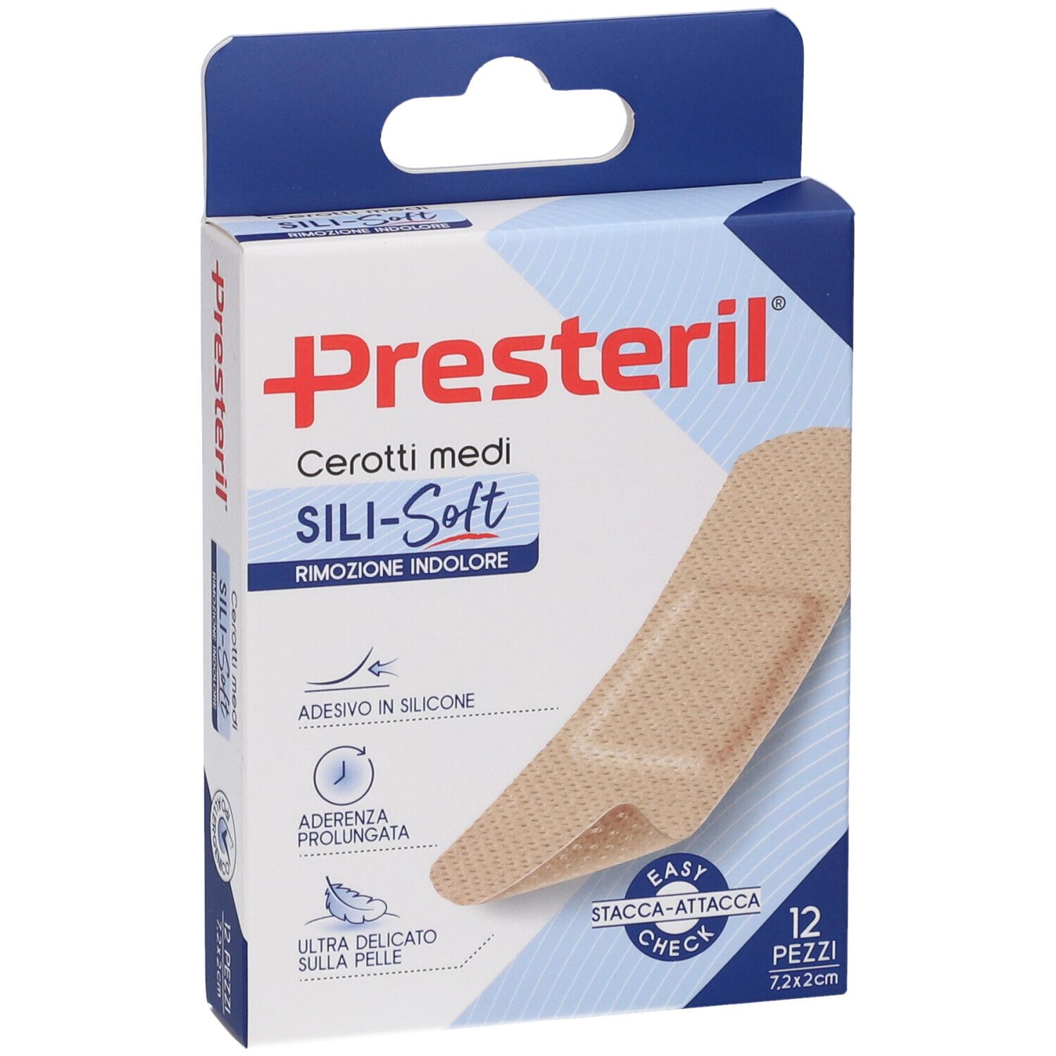 Confezione Presteril Sili-Soft. 12 pezzi, 7,2x2 cm. Cerotto beige. Indicazioni adesione e silicone.