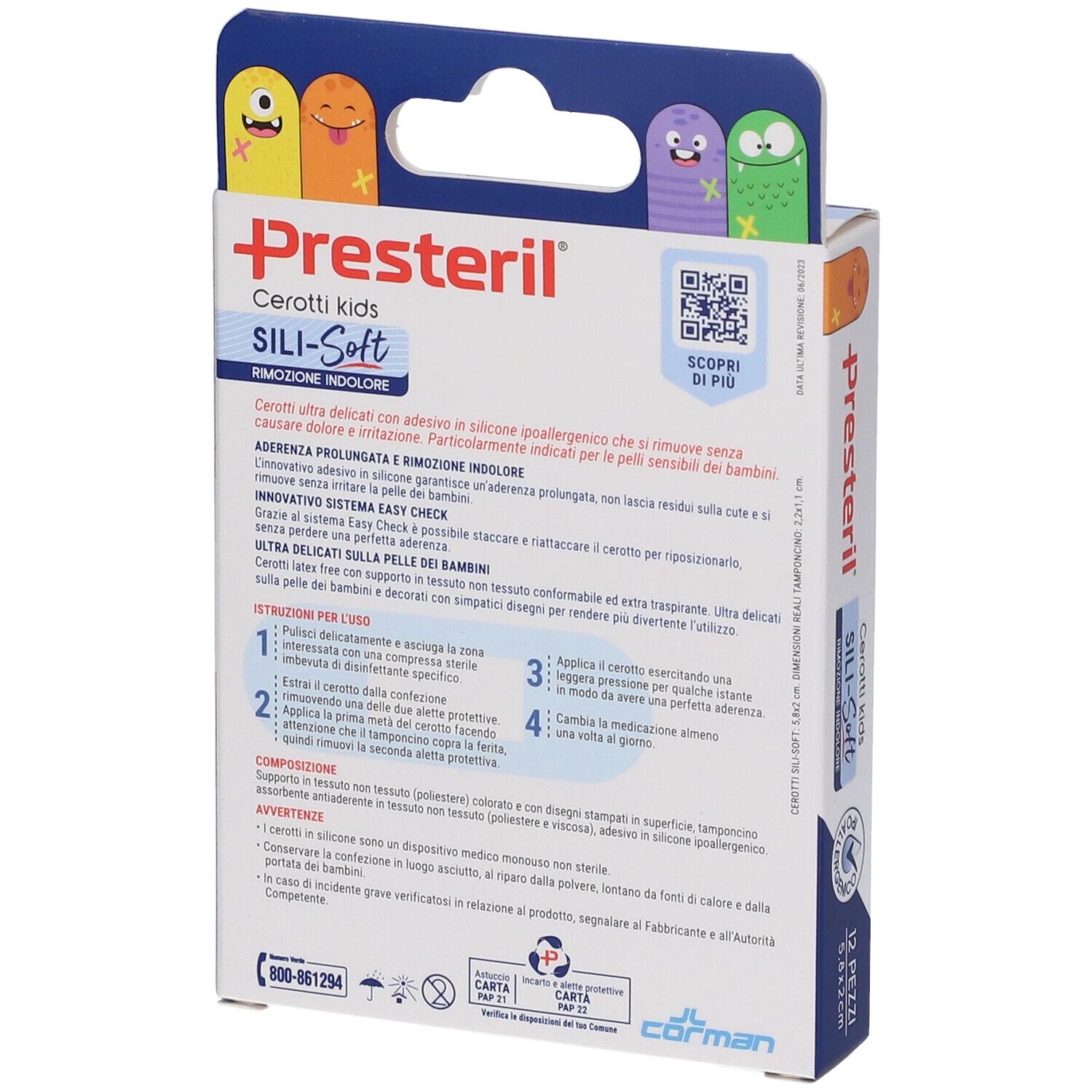 Retro della confezione Presteril Sili-Soft Kids. Testo e codice QR. Informazioni sui cerotti.