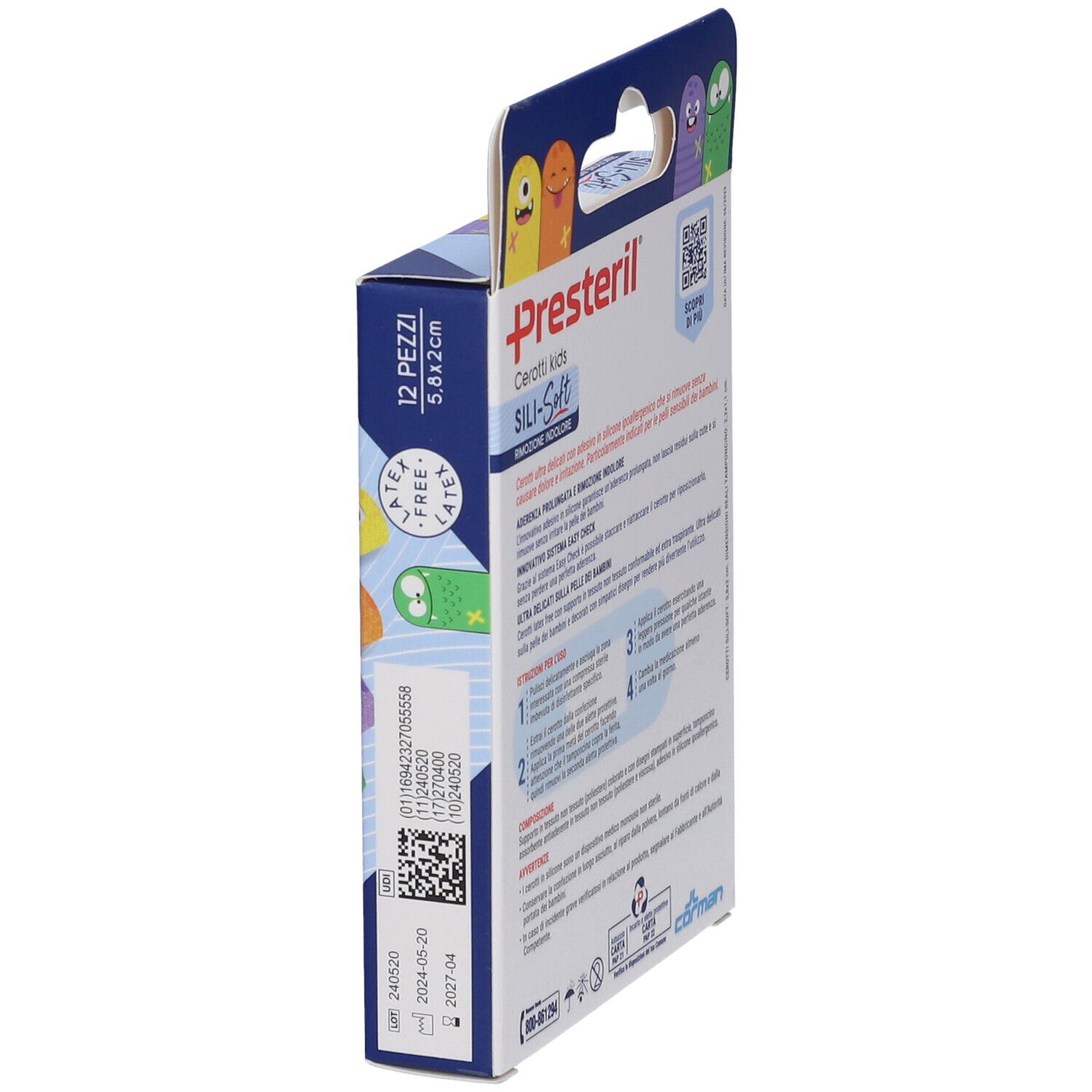 Vista laterale della confezione Presteril Sili-Soft Kids. Testo e codice QR. 12 cerotti, 5,8x2 cm.