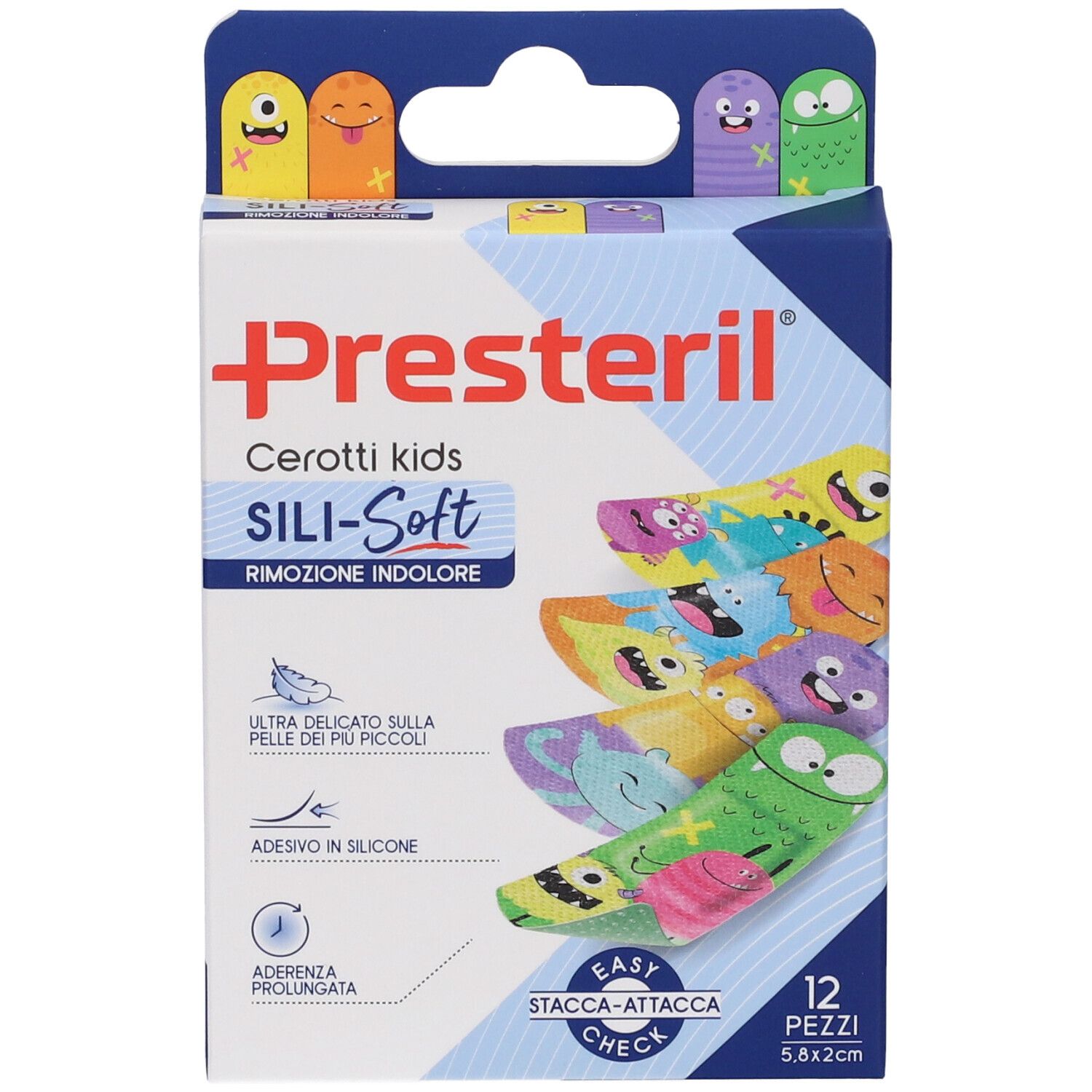 Confezione di cerotti Presteril Sili-Soft Kids. 12 pezzi, 5,8x2 cm. Design colorati con faccine. Confezione blu e bianca.