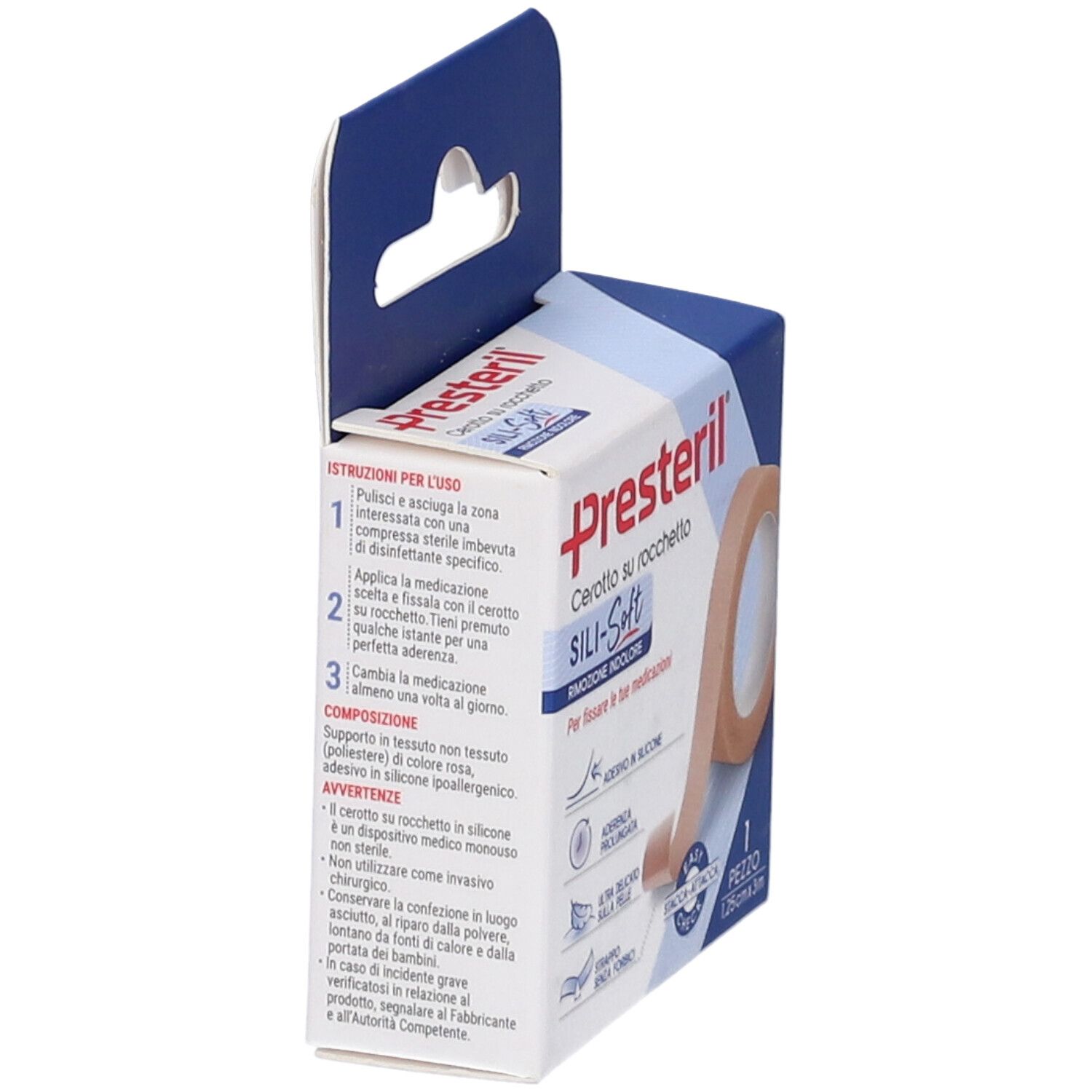 Presteril Sili-Soft in confezione. Vista laterale con informazioni e istruzioni per l'uso.