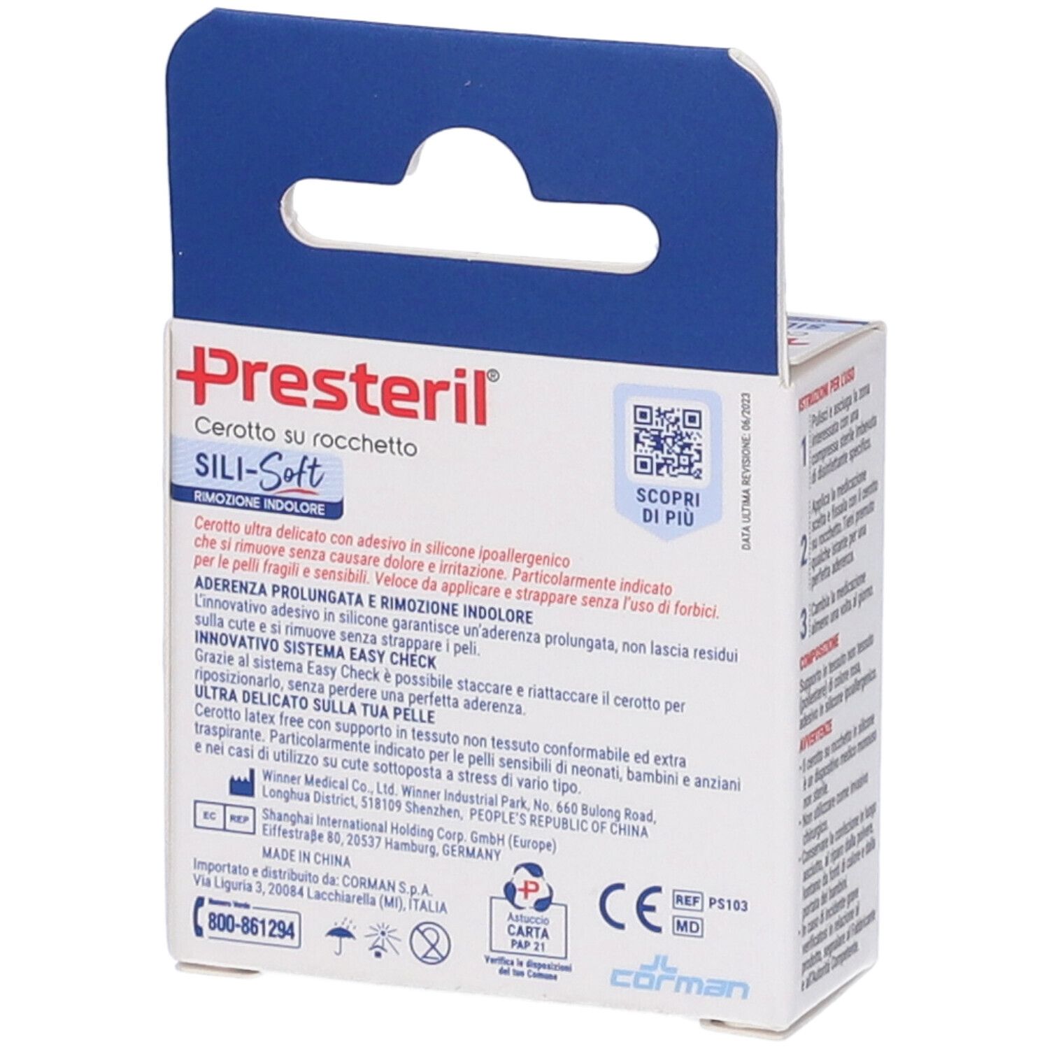 Retro confezione Presteril Sili-Soft. Informazioni prodotto, codice QR, marchio CE.
