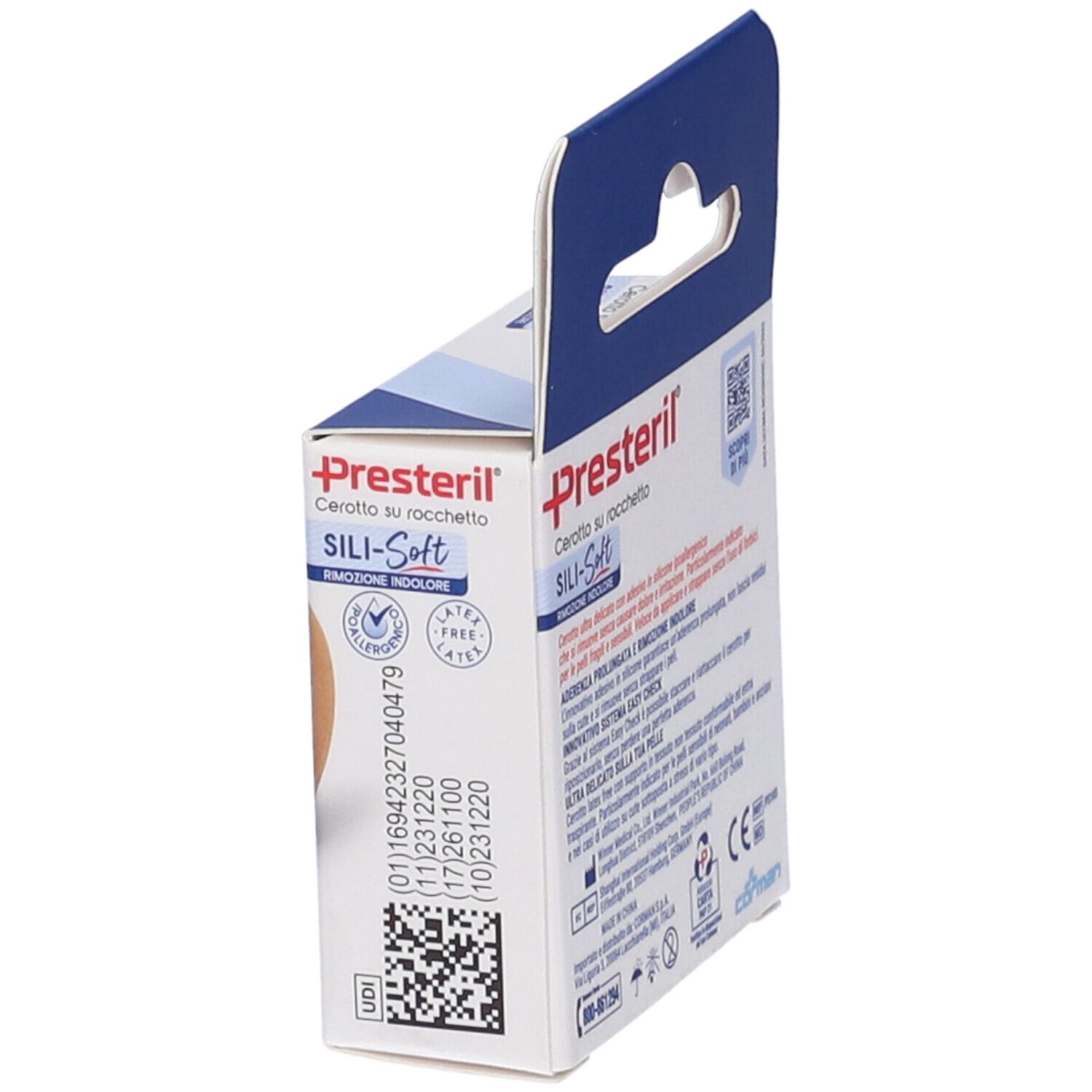Confezione Presteril Sili-Soft. Vista laterale con informazioni, codice QR e numero di lotto.