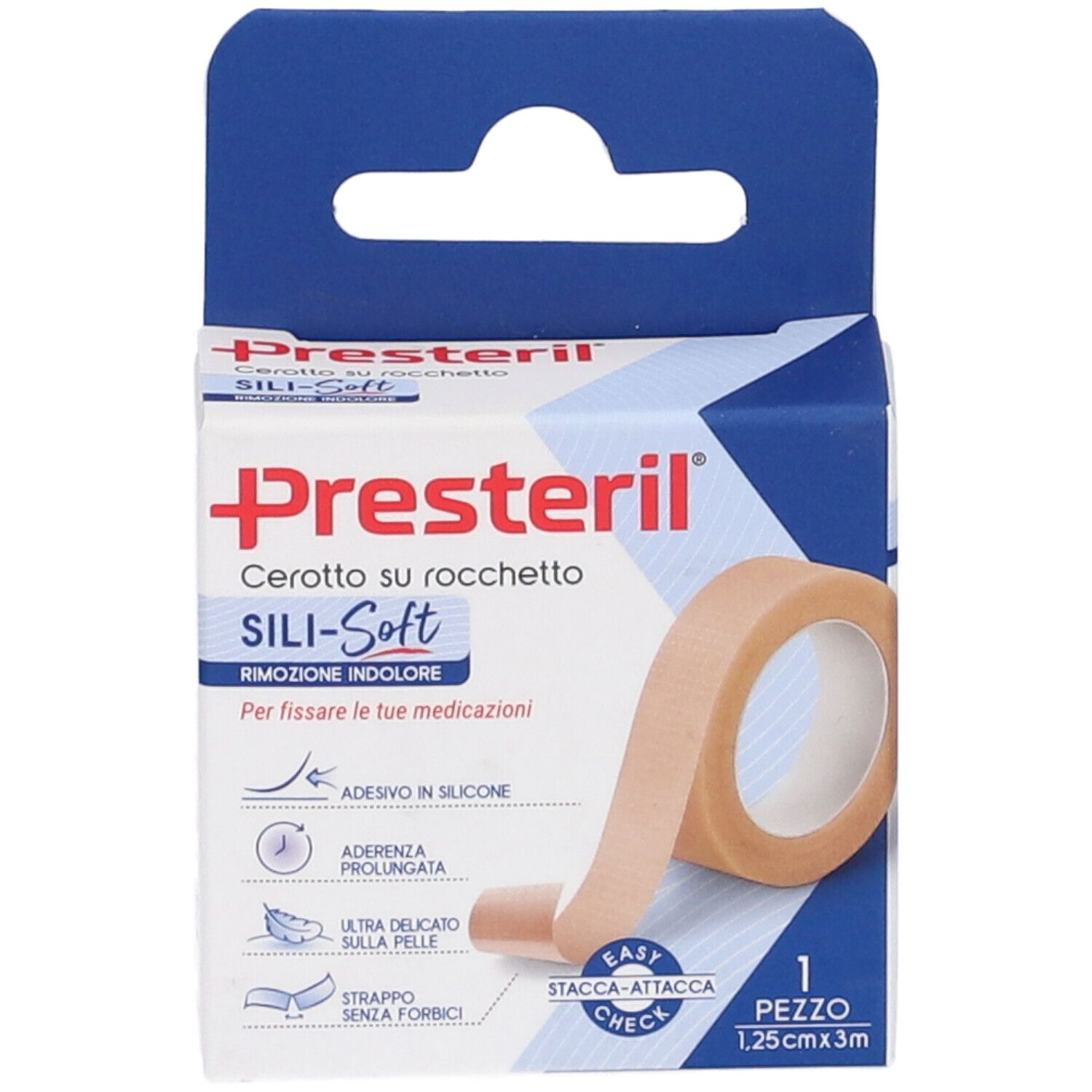 Presteril Sili-Soft in confezione. Rotolo beige, confezione blu con informazioni sul prodotto.