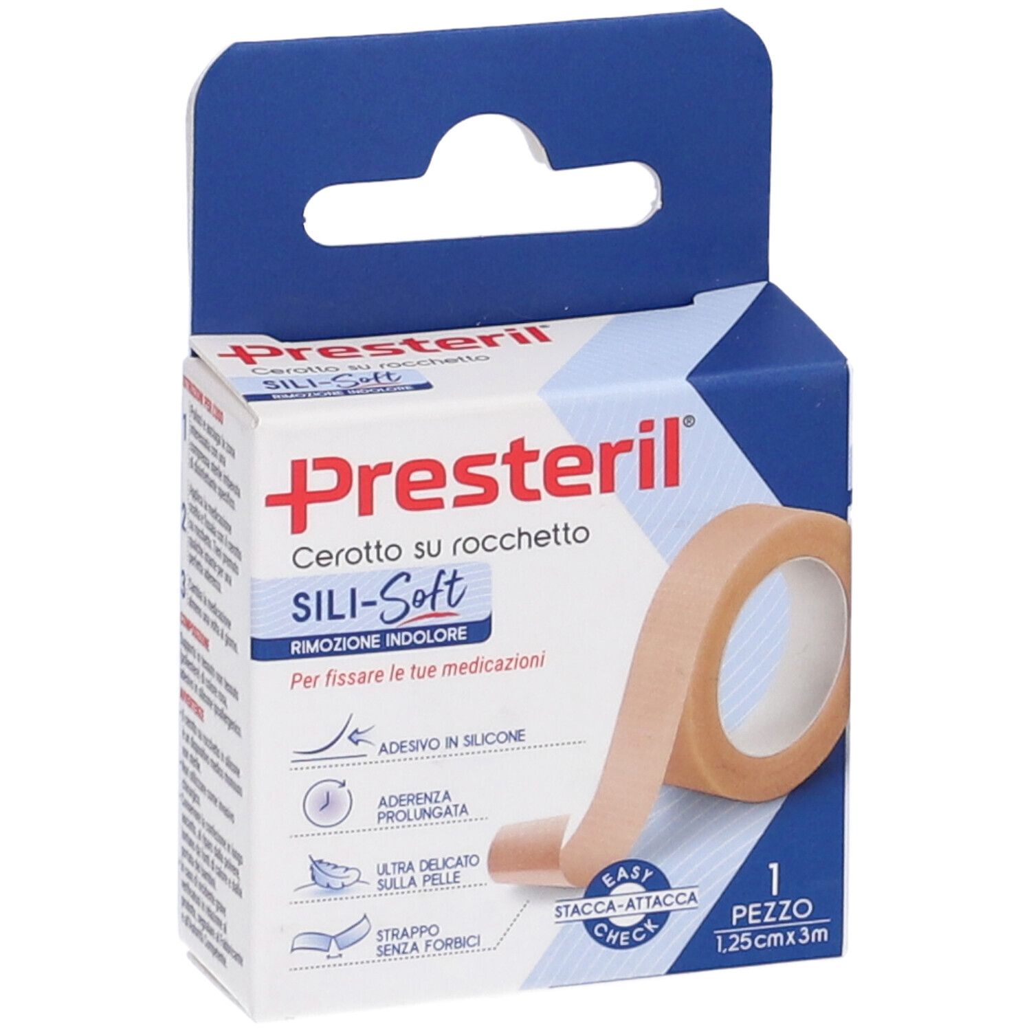 Presteril Sili-Soft in confezione. Rotolo beige, confezione blu con informazioni sul prodotto.