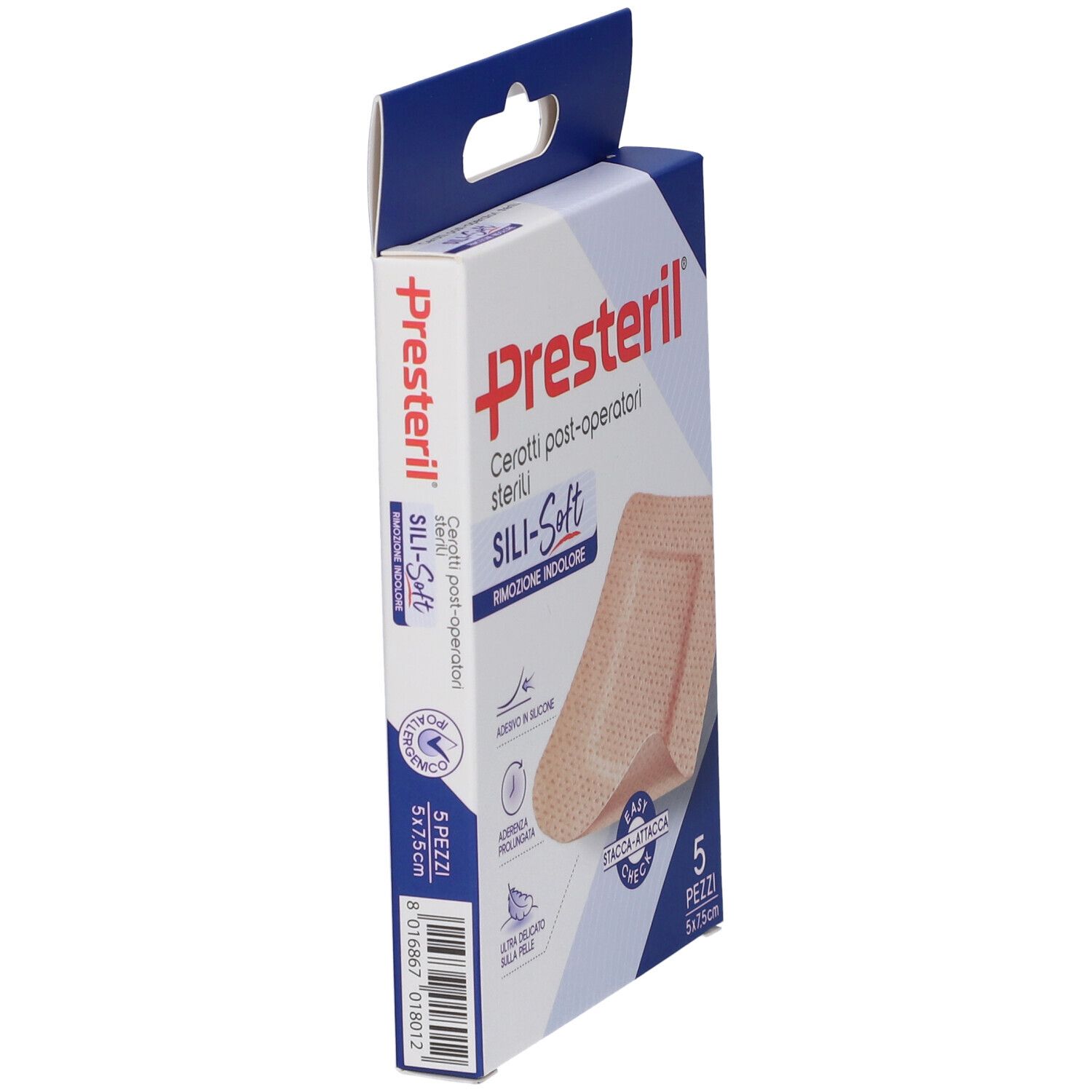 Vista laterale della confezione Presteril Cerotti Post-Operatori Sterili Sili-Soft. Scatola blu e bianca con prodotto.