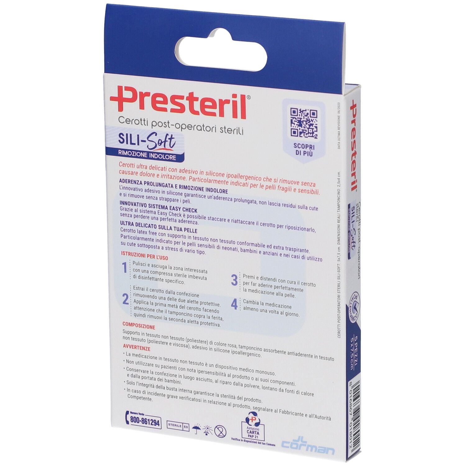 Retro della confezione Presteril Cerotti Post-Operatori Sterili Sili-Soft. Testo e codice QR su scatola blu e bianca.