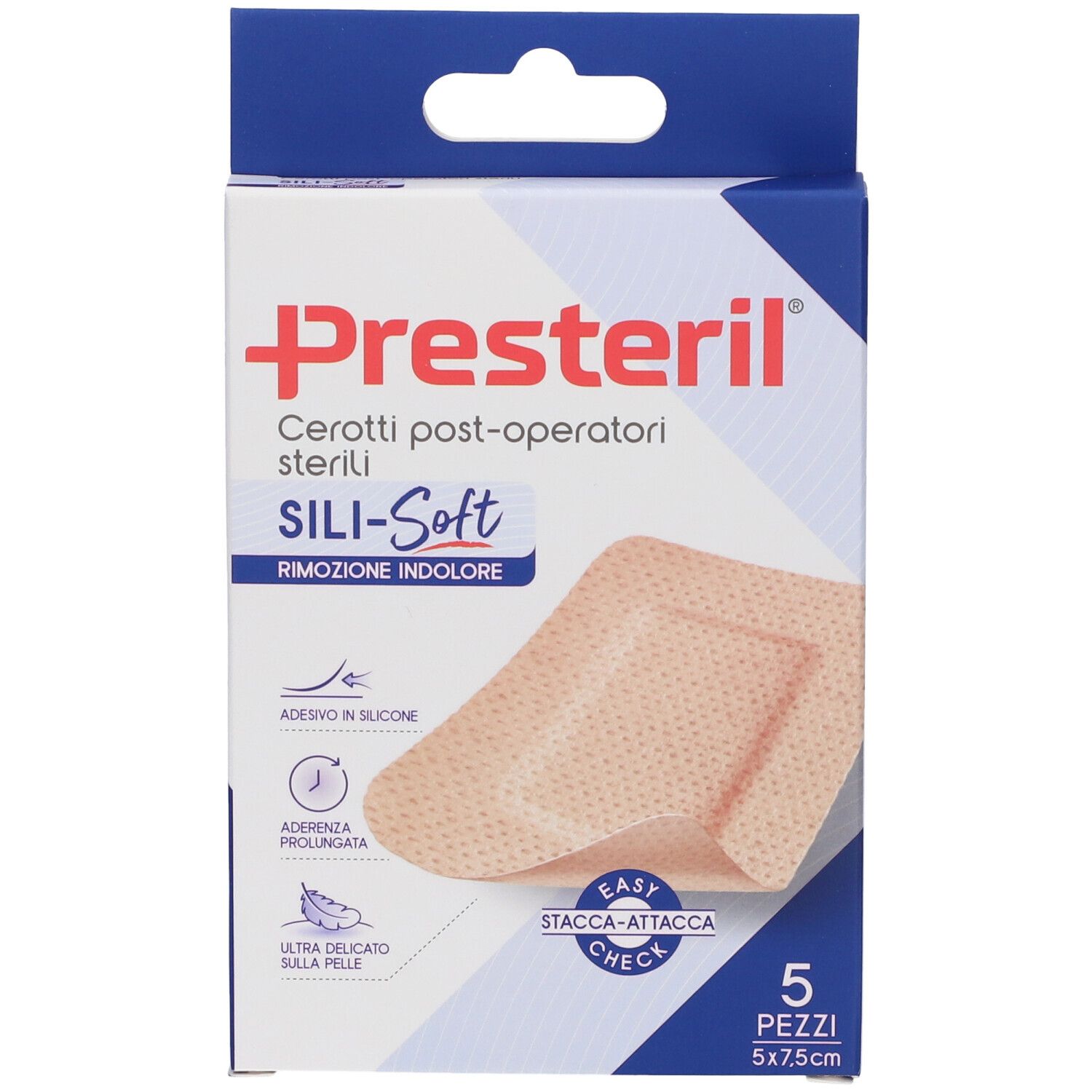 Vista frontale della confezione Presteril Cerotti Post-Operatori Sterili Sili-Soft. 5 cerotti, 5x7,5 cm. Scatola blu e bianca.