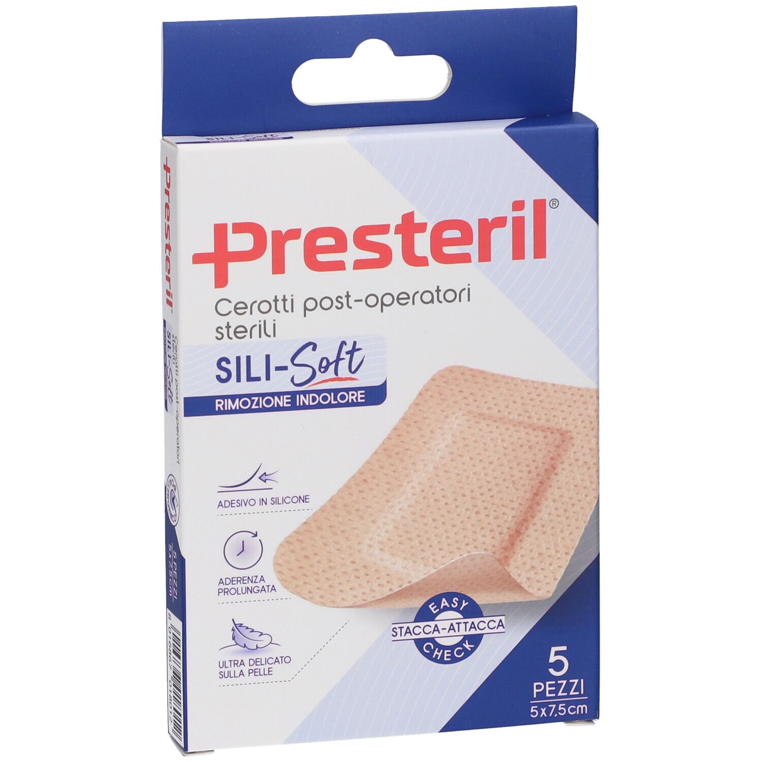 Vista frontale della confezione Presteril Cerotti Post-Operatori Sterili Sili-Soft. 5 cerotti, 5x7,5 cm. Scatola blu e bianca.